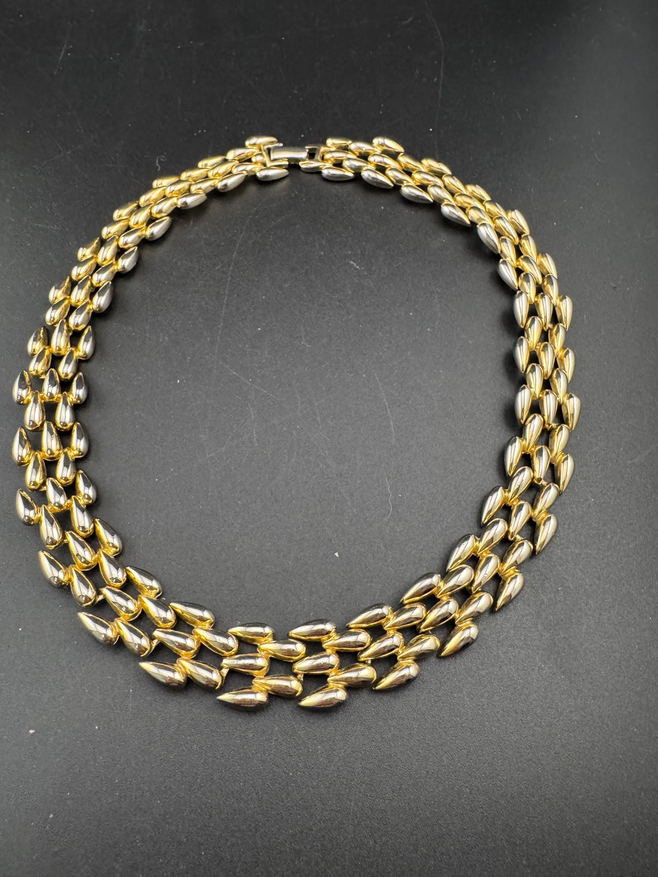 champagne gold tone wide link brick panther link choker necklace, heavy weight faded plating
