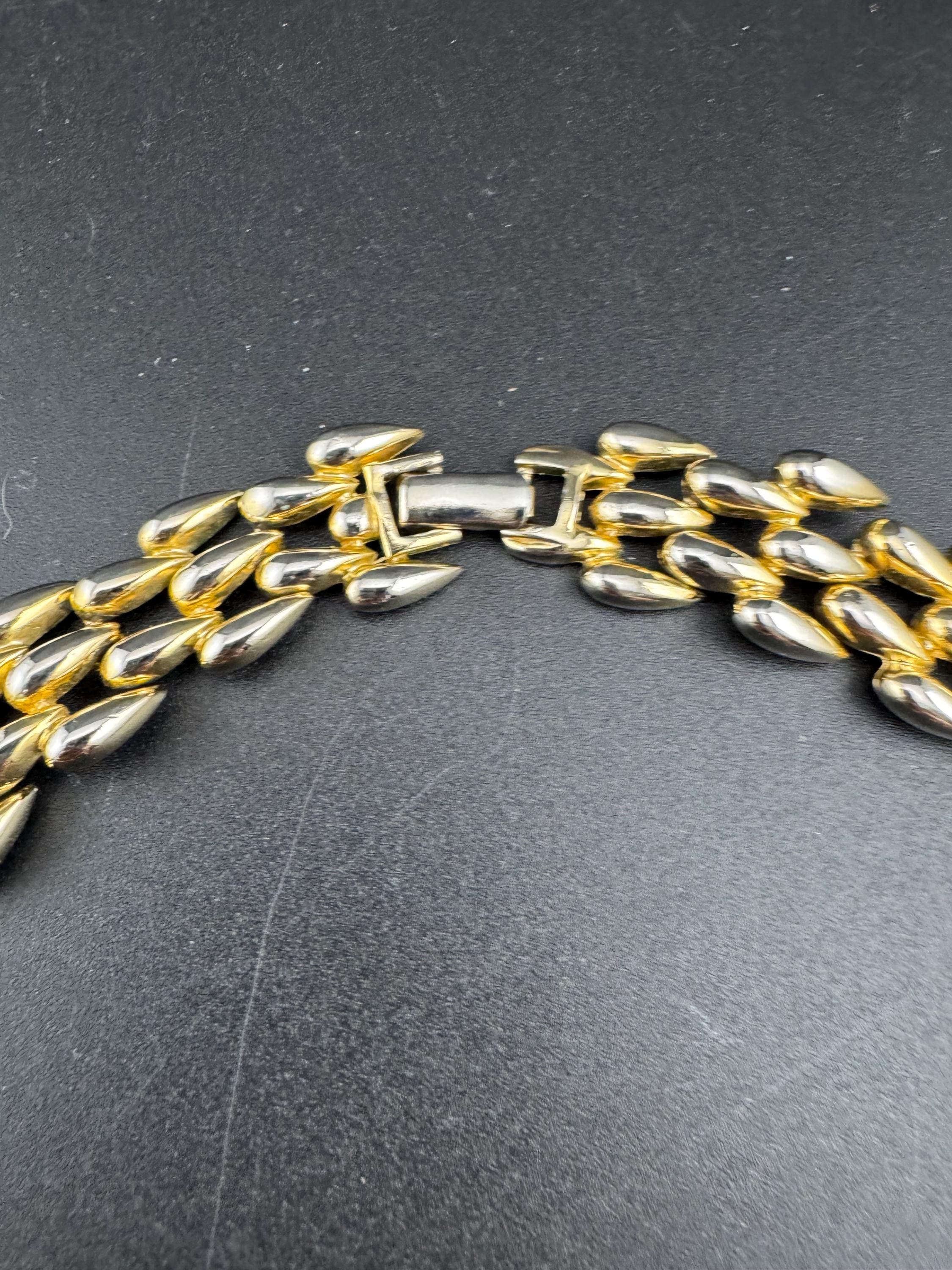 champagne gold tone wide link brick panther link choker necklace, heavy weight faded plating