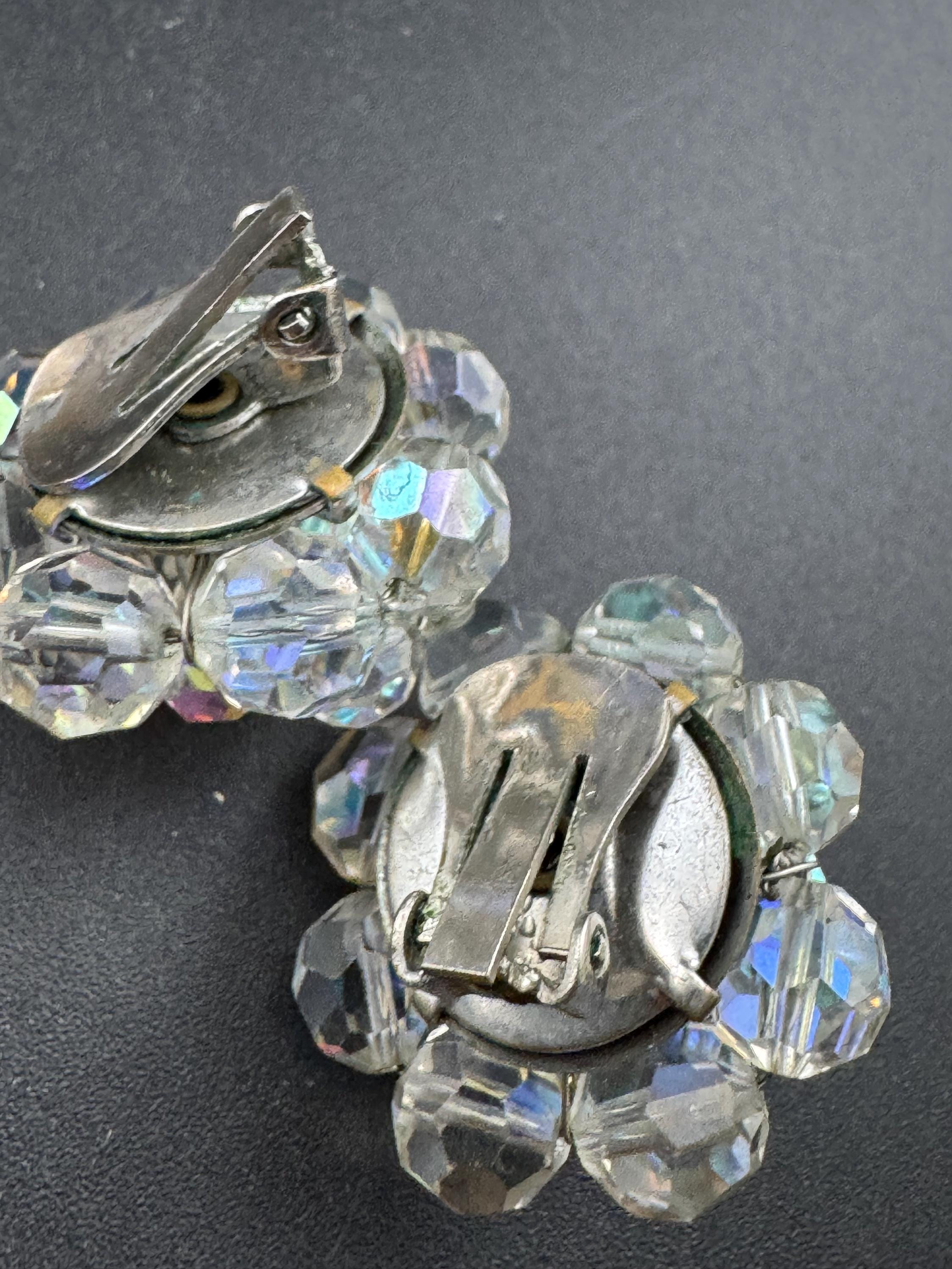 Vintage 1950s clear faceted glass beaded Cluster Clip On Earrings