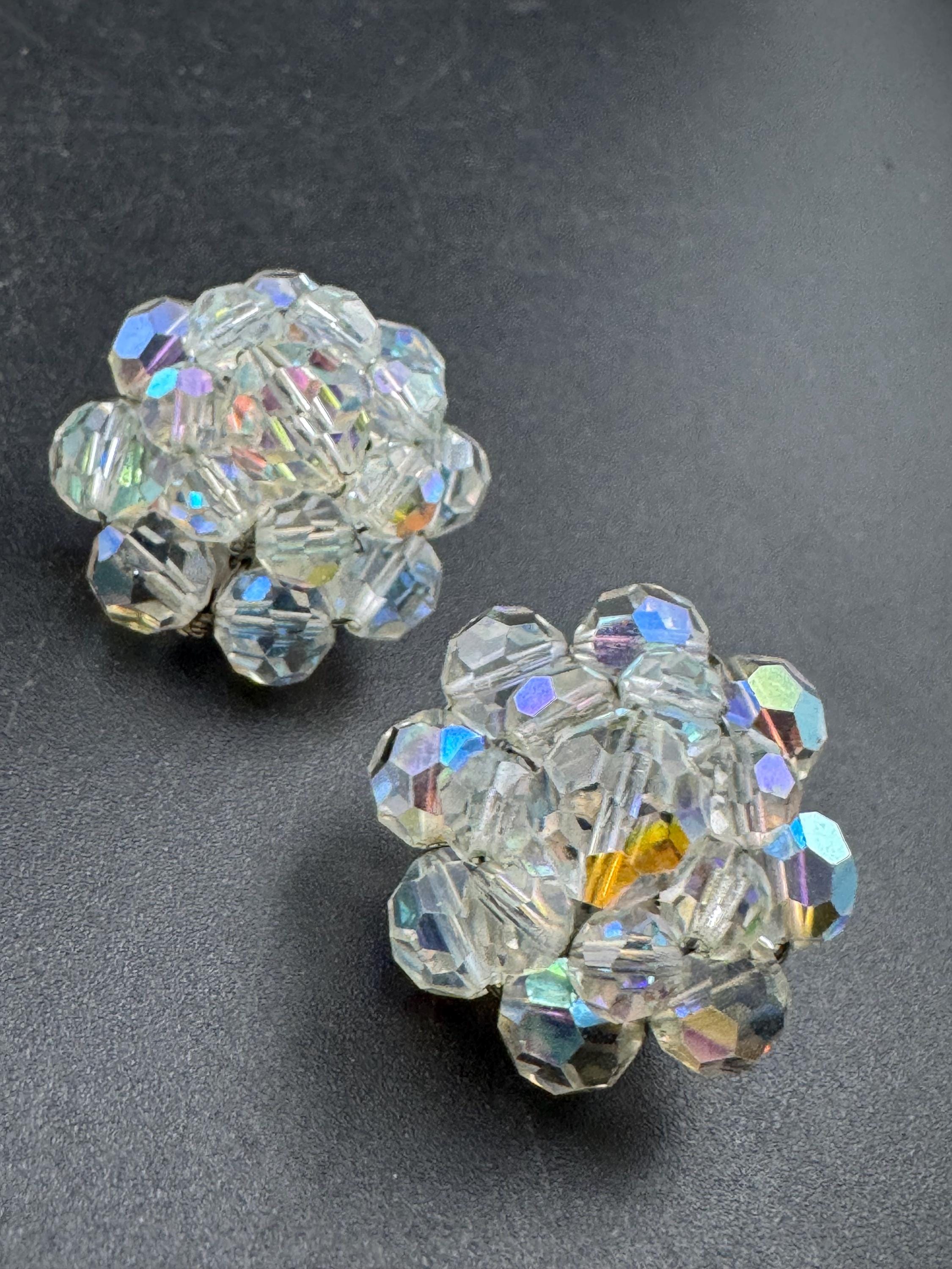 Vintage 1950s clear faceted glass beaded Cluster Clip On Earrings
