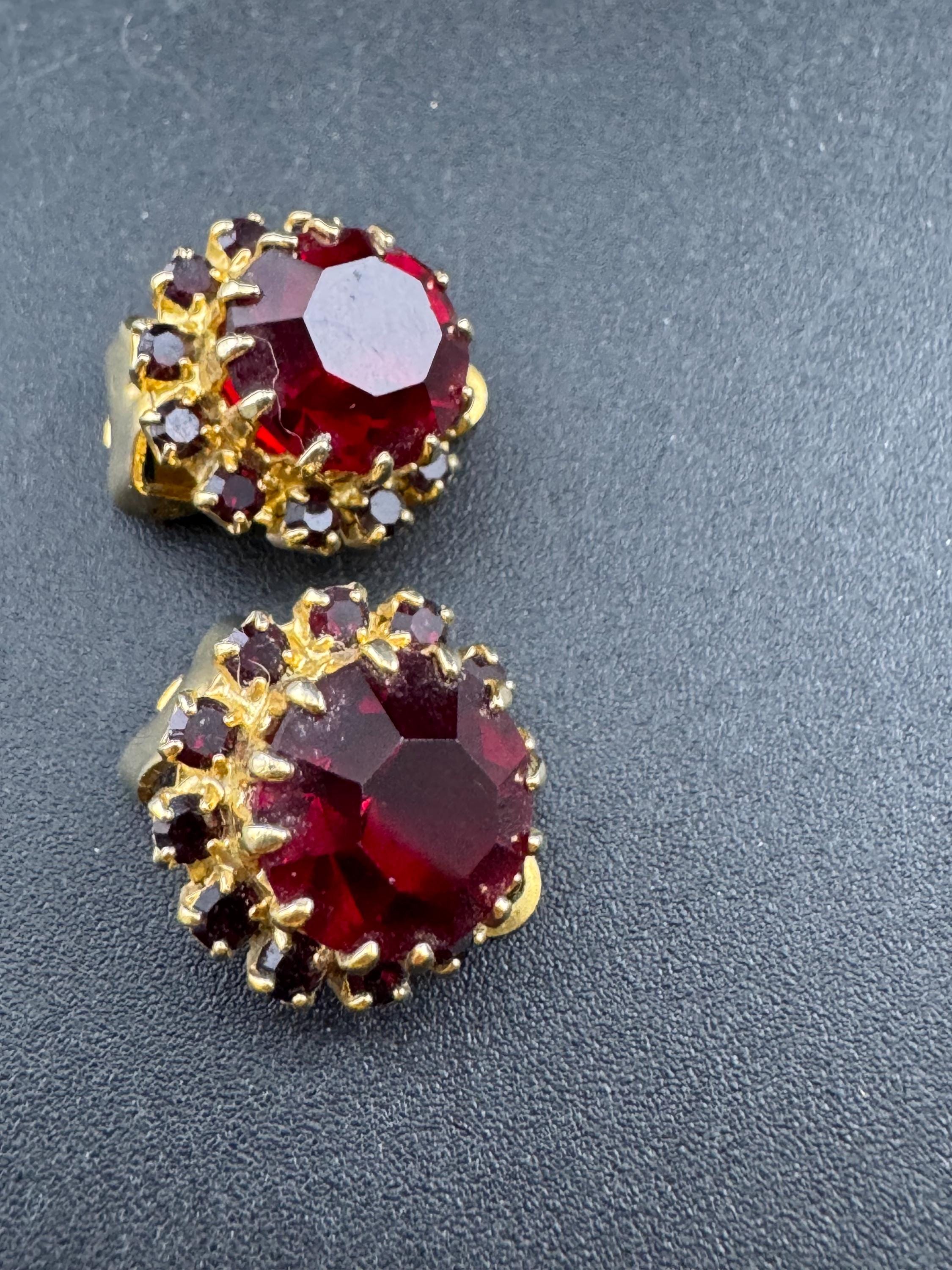 Vintage ruby diamanté glass clip on earrings, rhinestone dainty studs