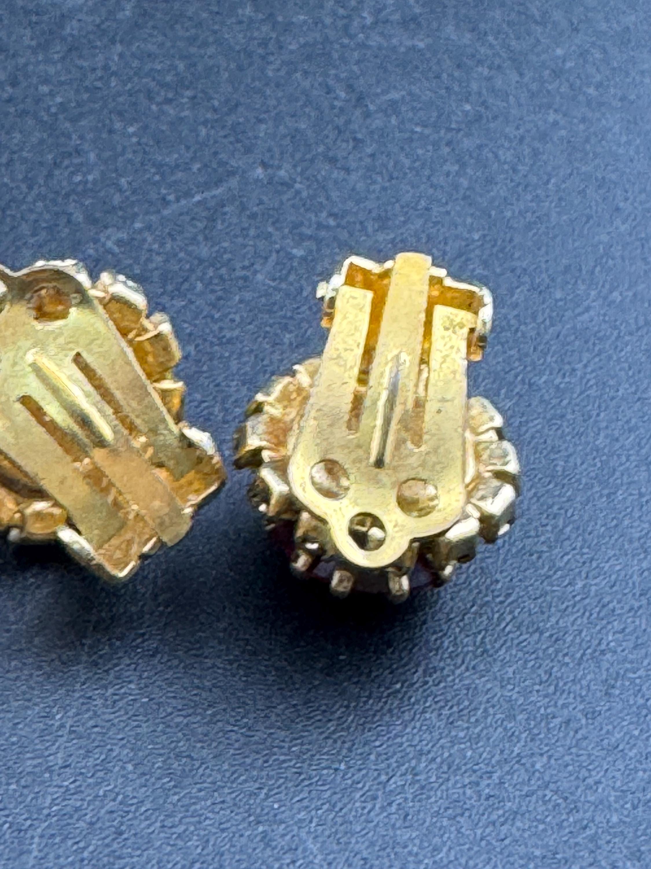 Vintage ruby diamanté glass clip on earrings, rhinestone dainty studs