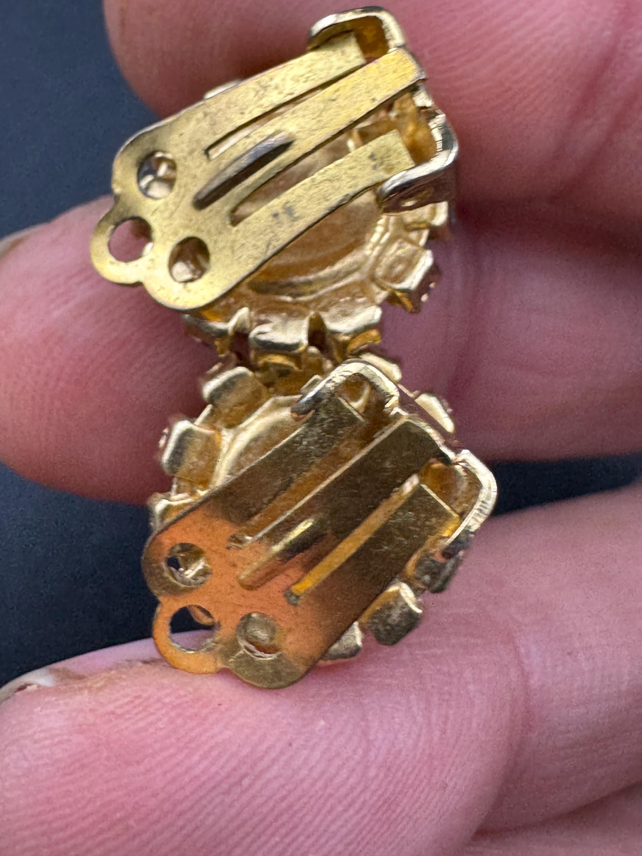 Vintage ruby diamanté glass clip on earrings, rhinestone dainty studs