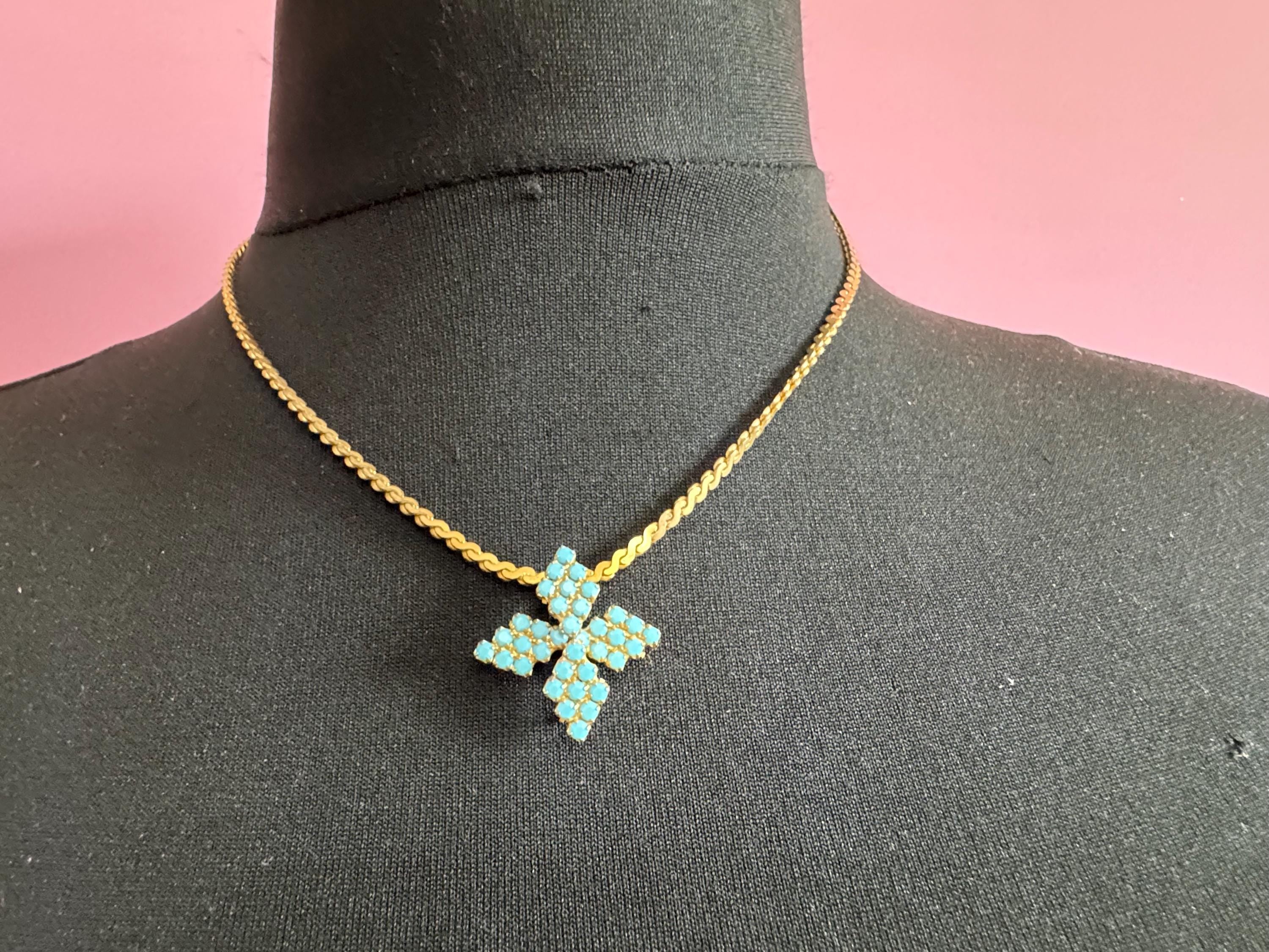 Vintage 1960s Serpentine Lariat Necklace, Gold Tone & Turquoise Cabochon