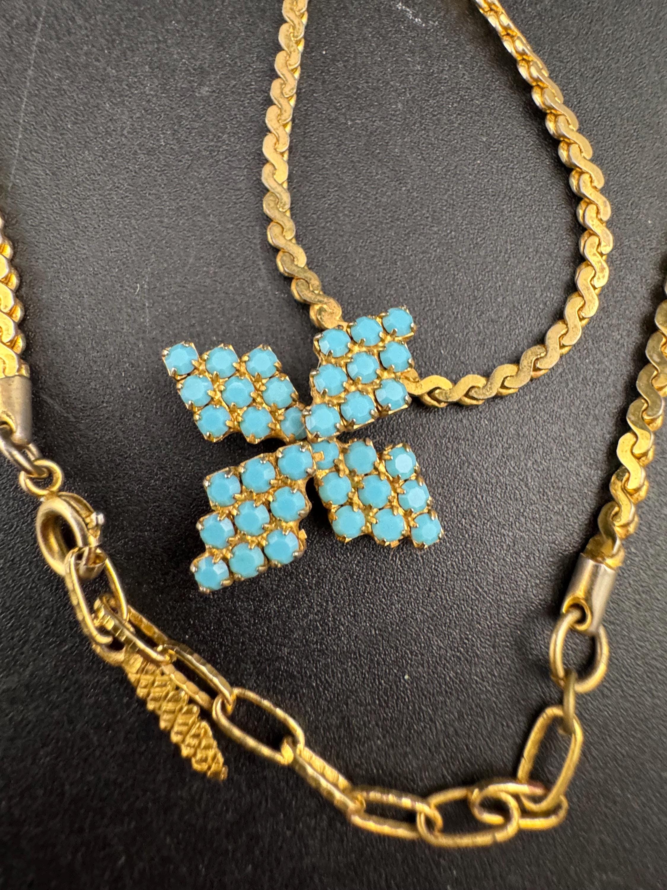 Vintage 1960s Serpentine Lariat Necklace, Gold Tone & Turquoise Cabochon