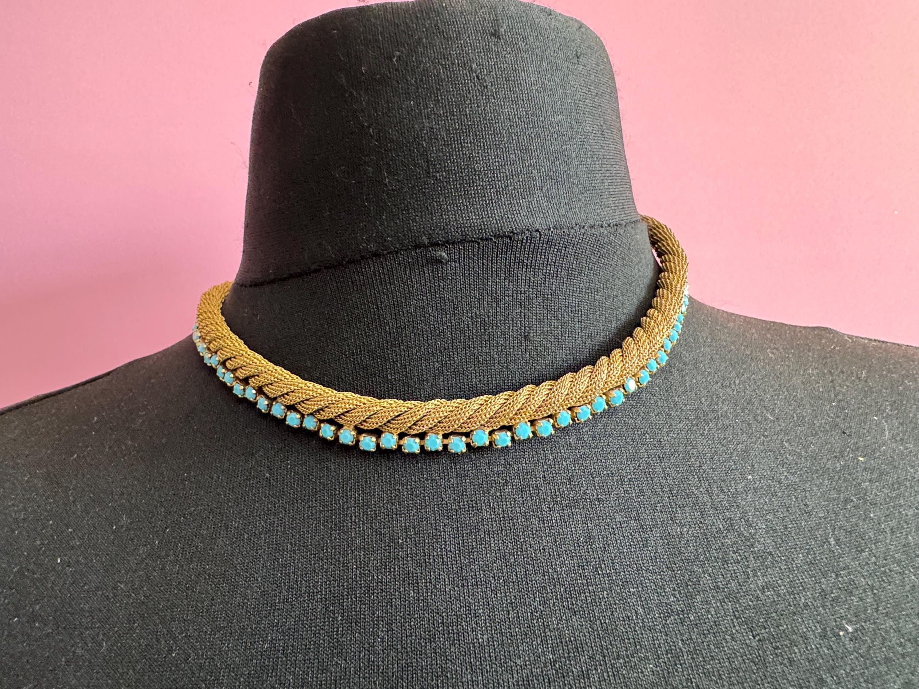 Vintage 1960s gold mesh twisted choker necklace with turquoise stones