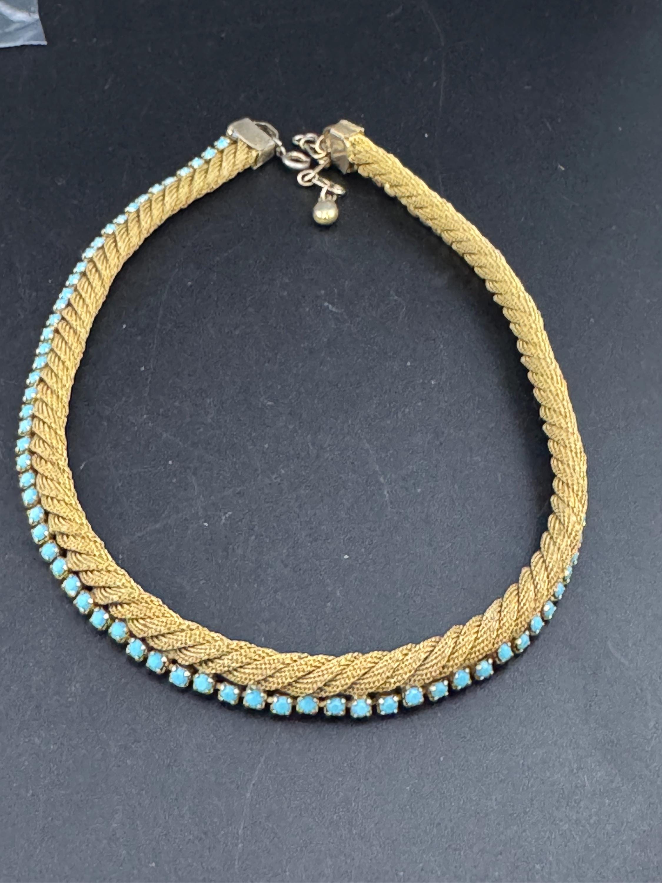 Vintage 1960s gold mesh twisted choker necklace with turquoise stones
