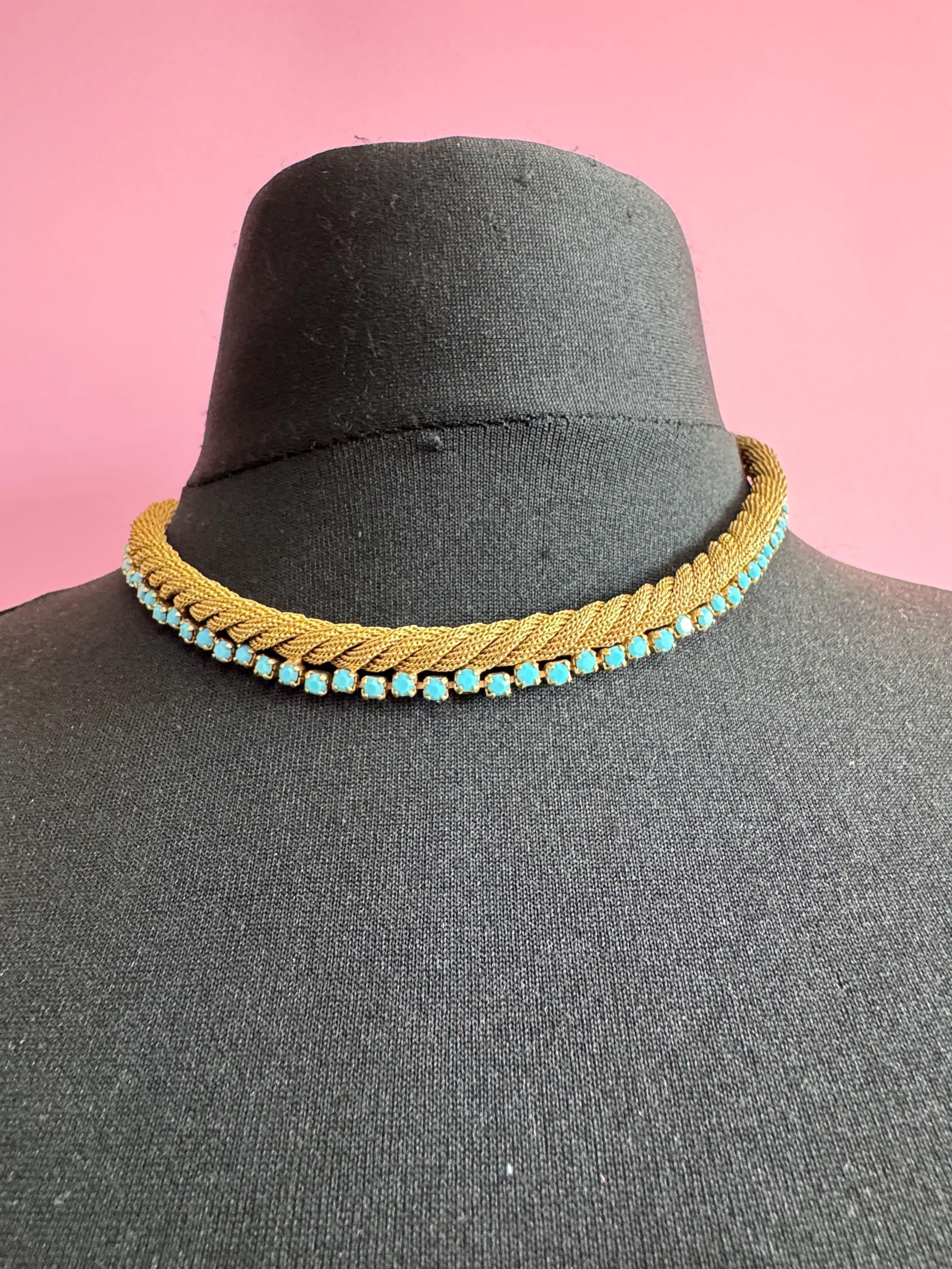 Vintage 1960s gold mesh twisted choker necklace with turquoise stones