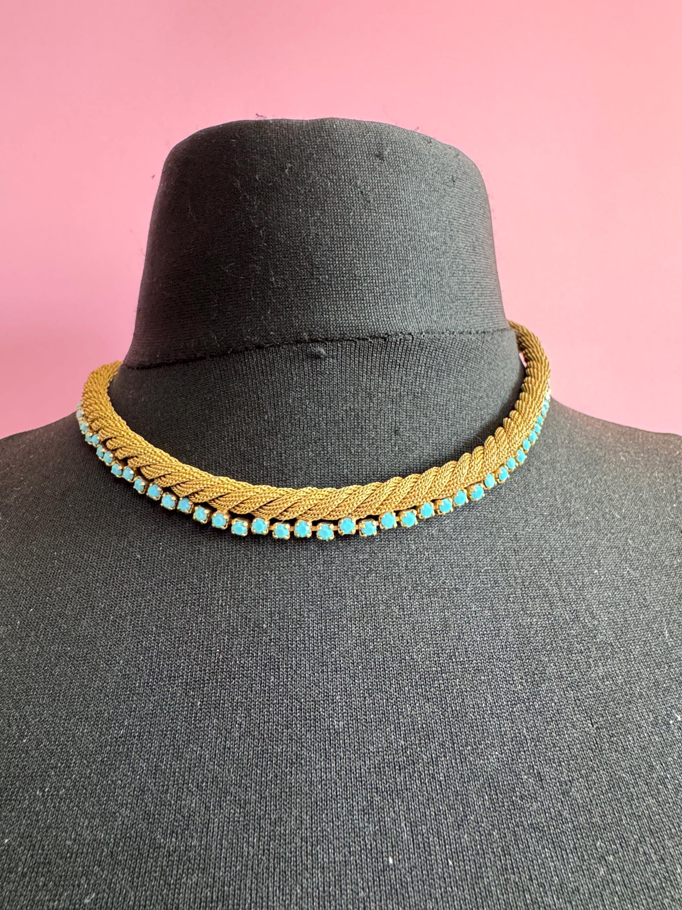 Vintage 1960s gold mesh twisted choker necklace with turquoise stones
