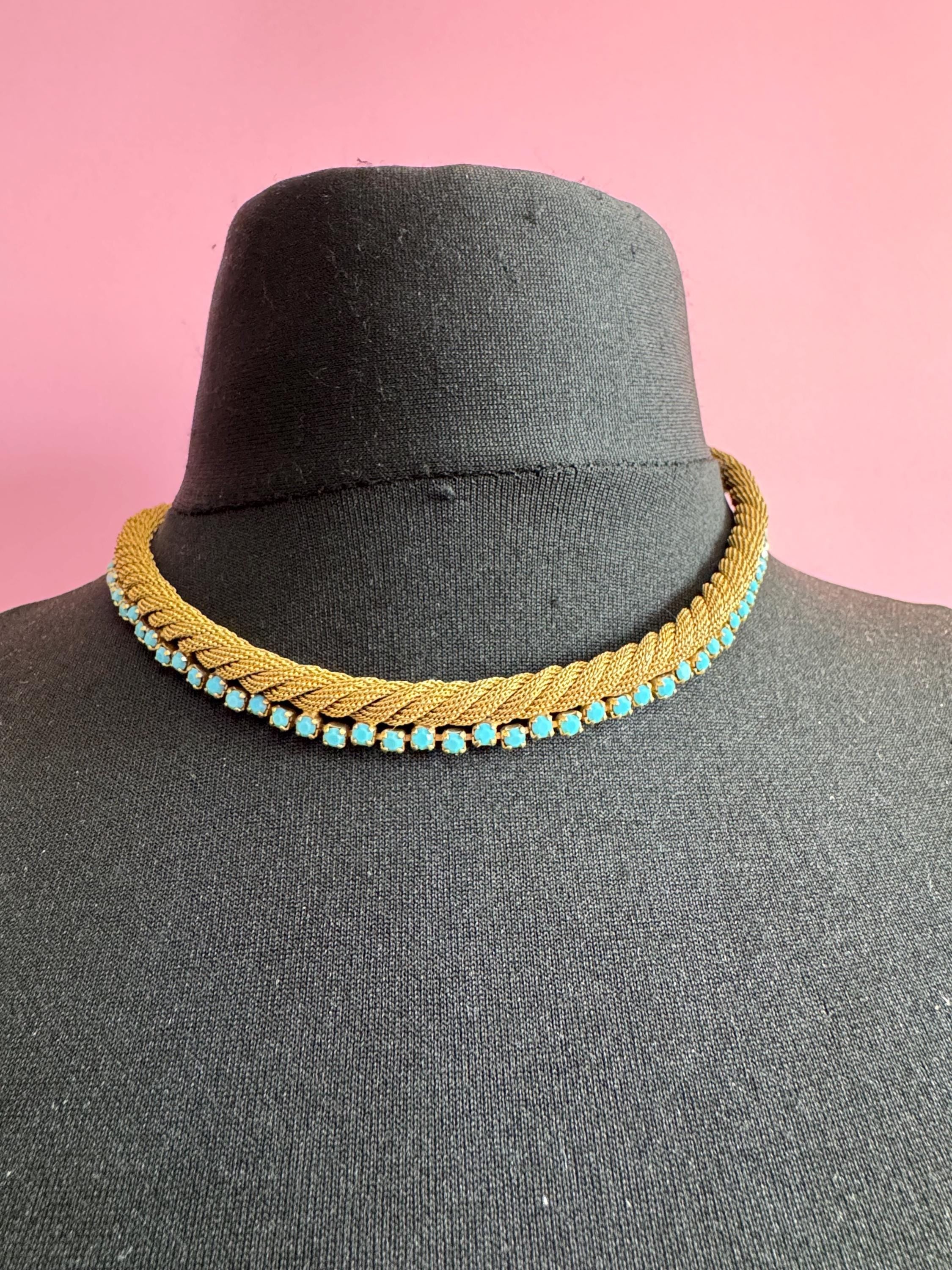 Vintage 1960s gold mesh twisted choker necklace with turquoise stones