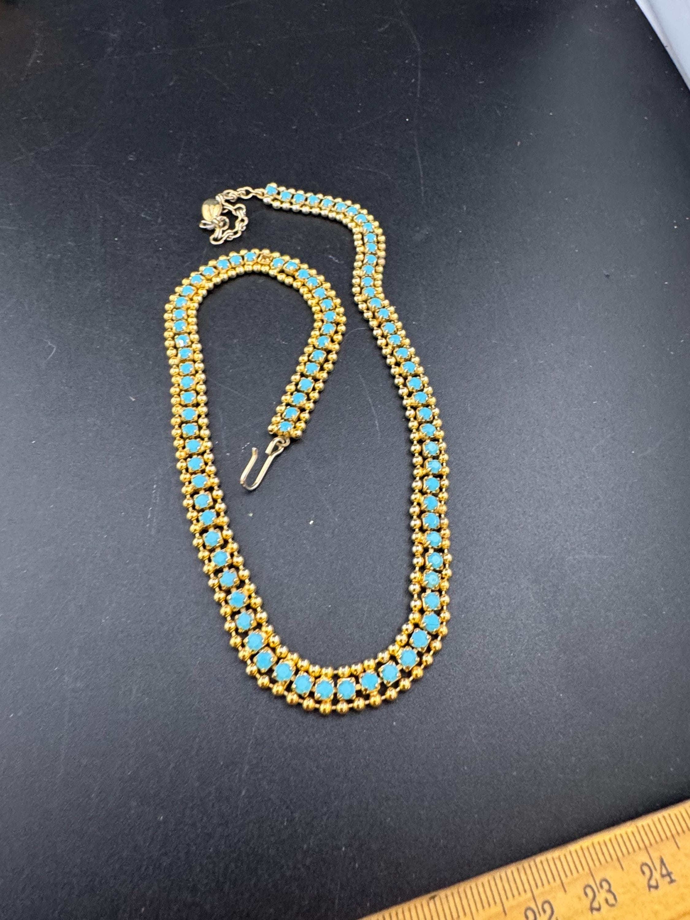 Vintage 1960s gold tone mesh chain choker necklace with turquoise stones