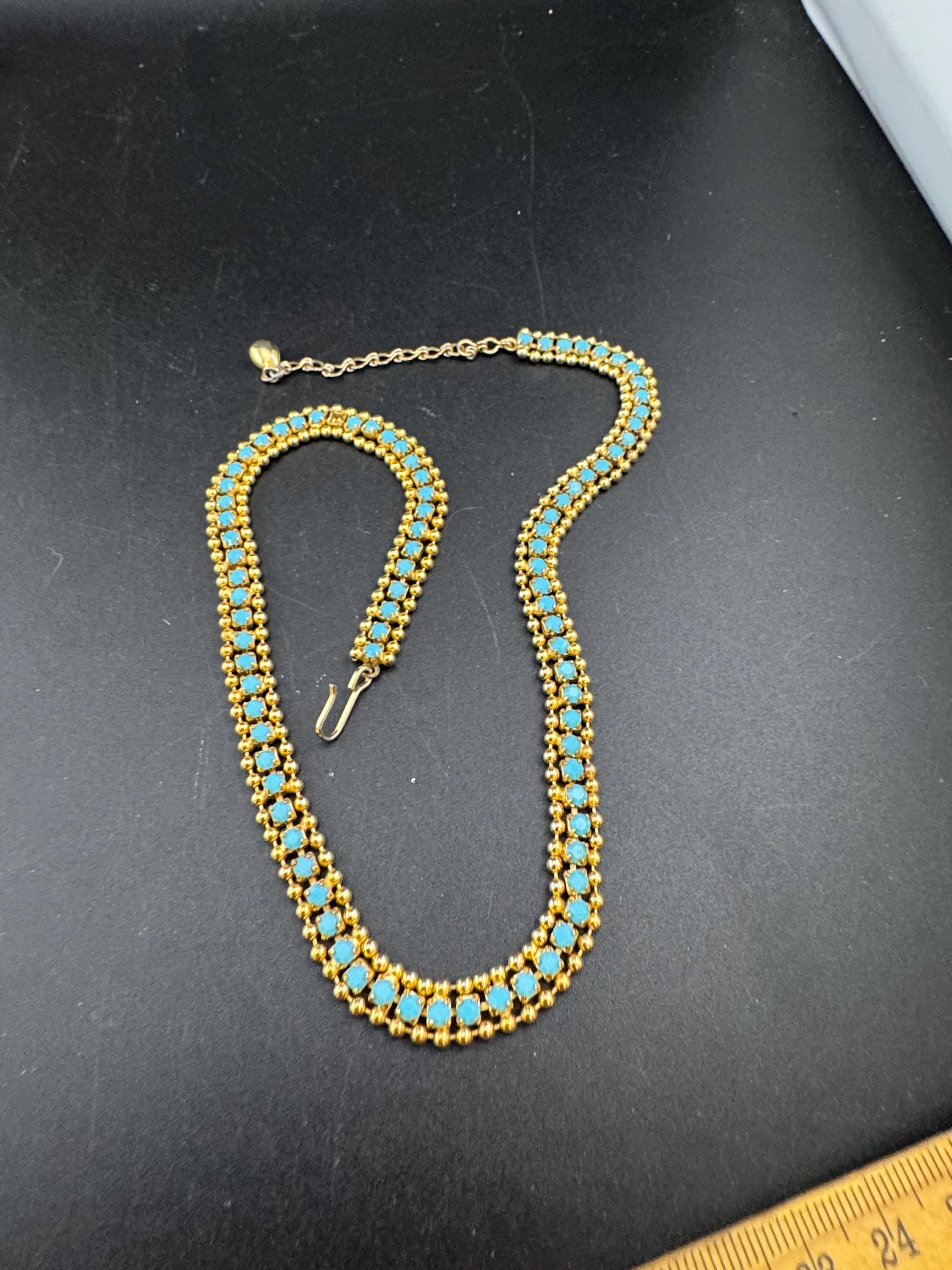Vintage 1960s gold tone mesh chain choker necklace with turquoise stones