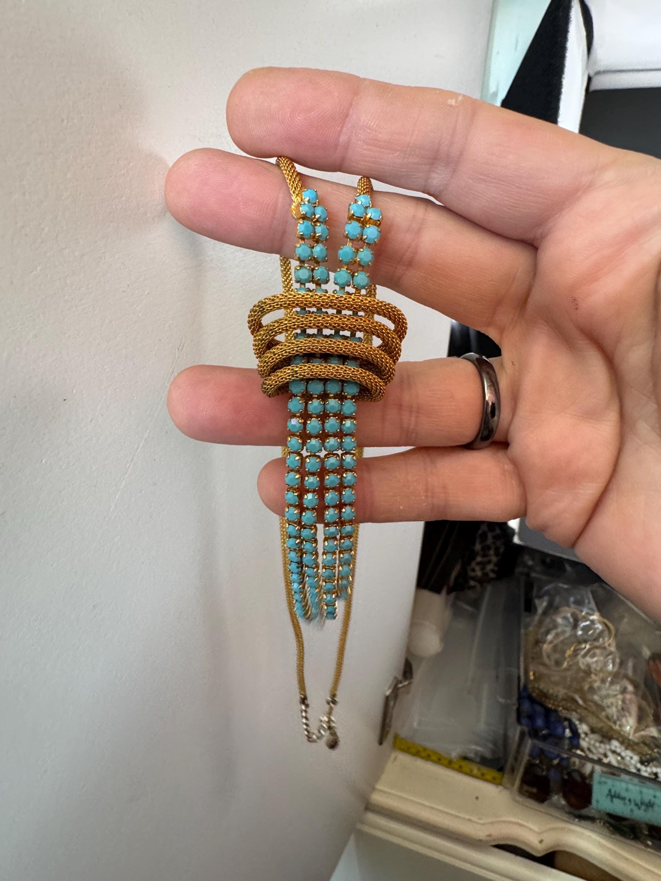 Vintage 1960s gold mesh lariat drop necklace with turquoise stones
