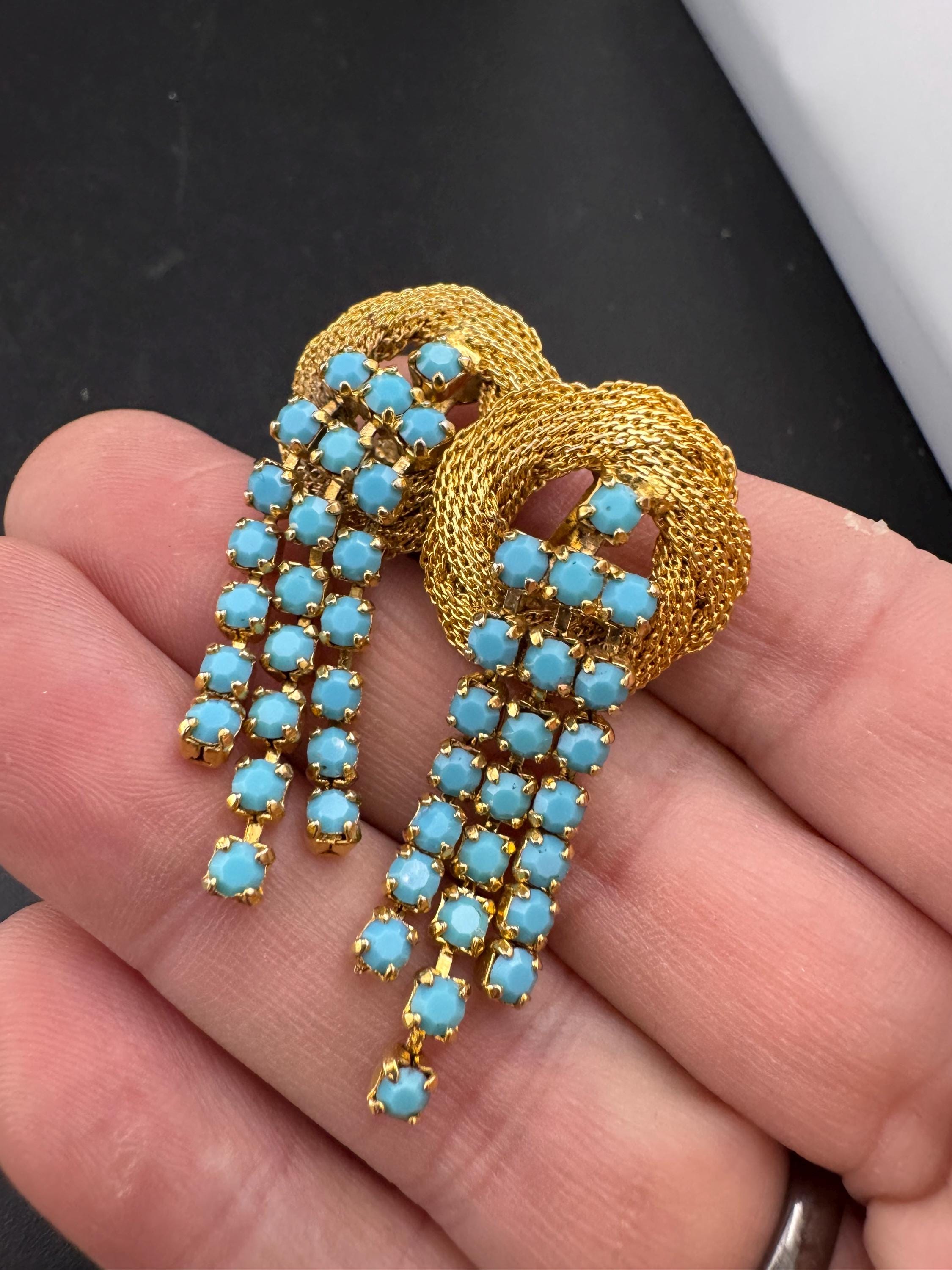 Vintage 1970s gold mesh Turquoise diamanté tassel clip on earrings