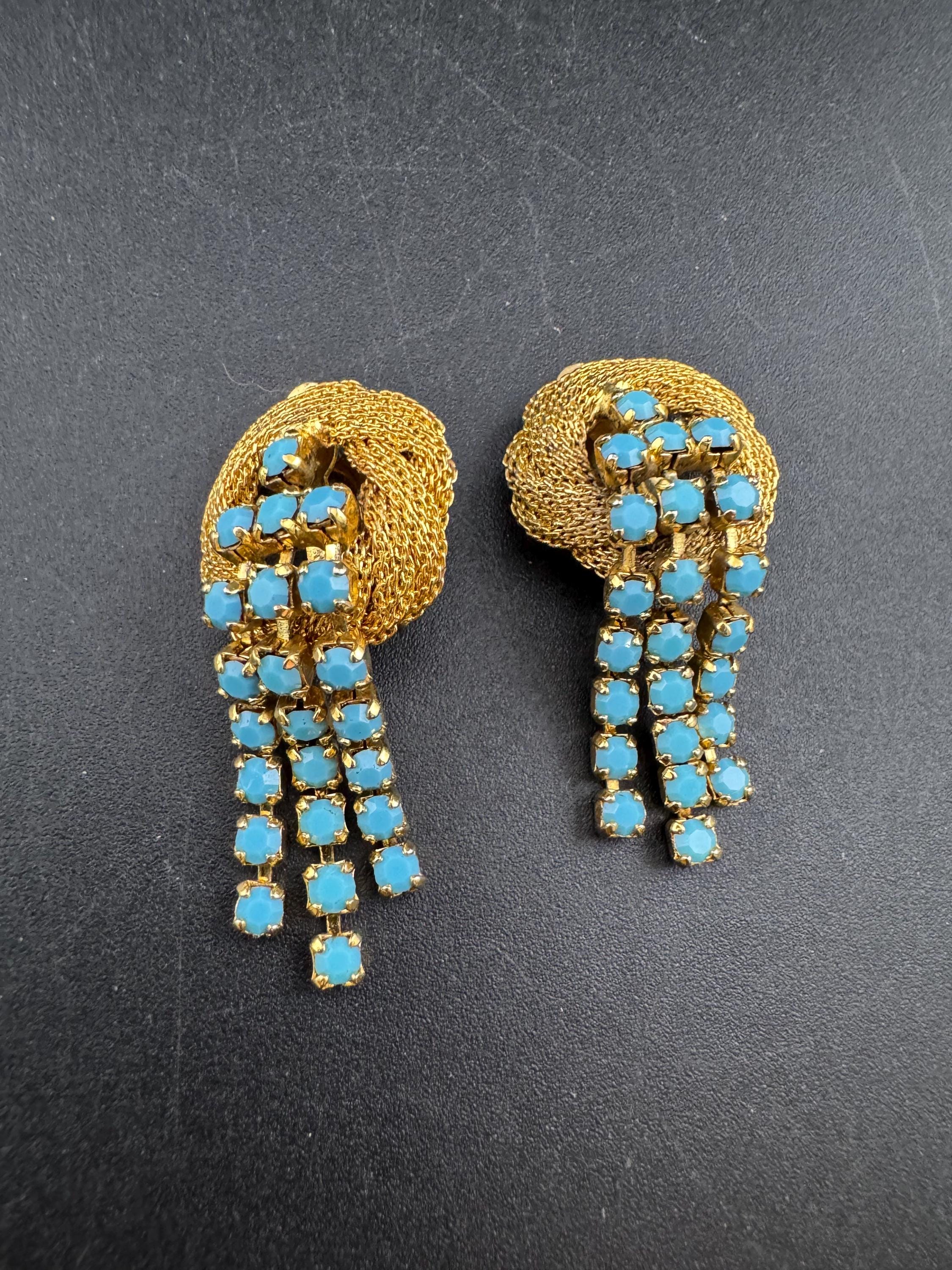 Vintage 1970s gold mesh Turquoise diamanté tassel clip on earrings