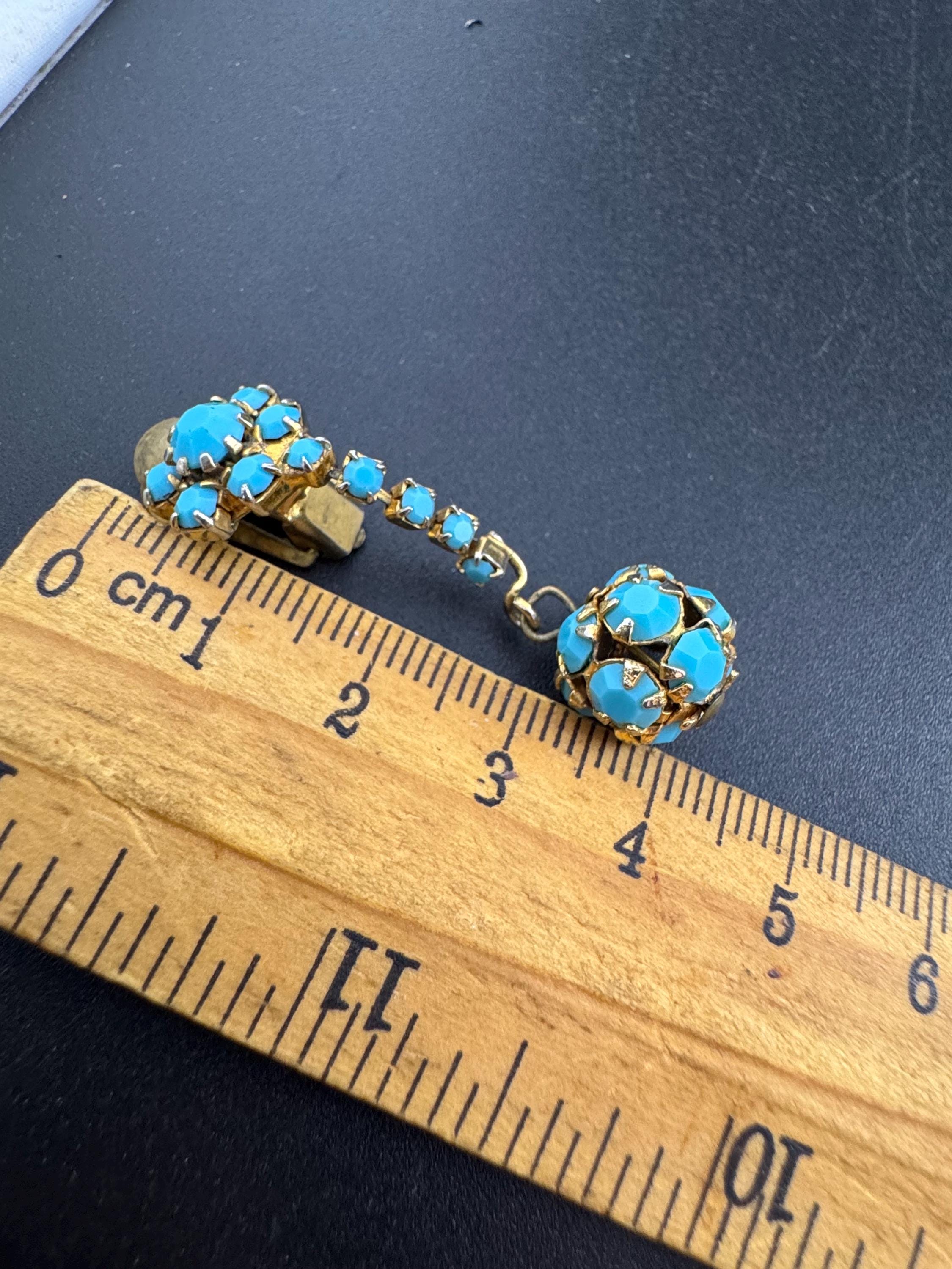 Vintage 1970s gold mesh Turquoise diamanté ball clip on earrings
