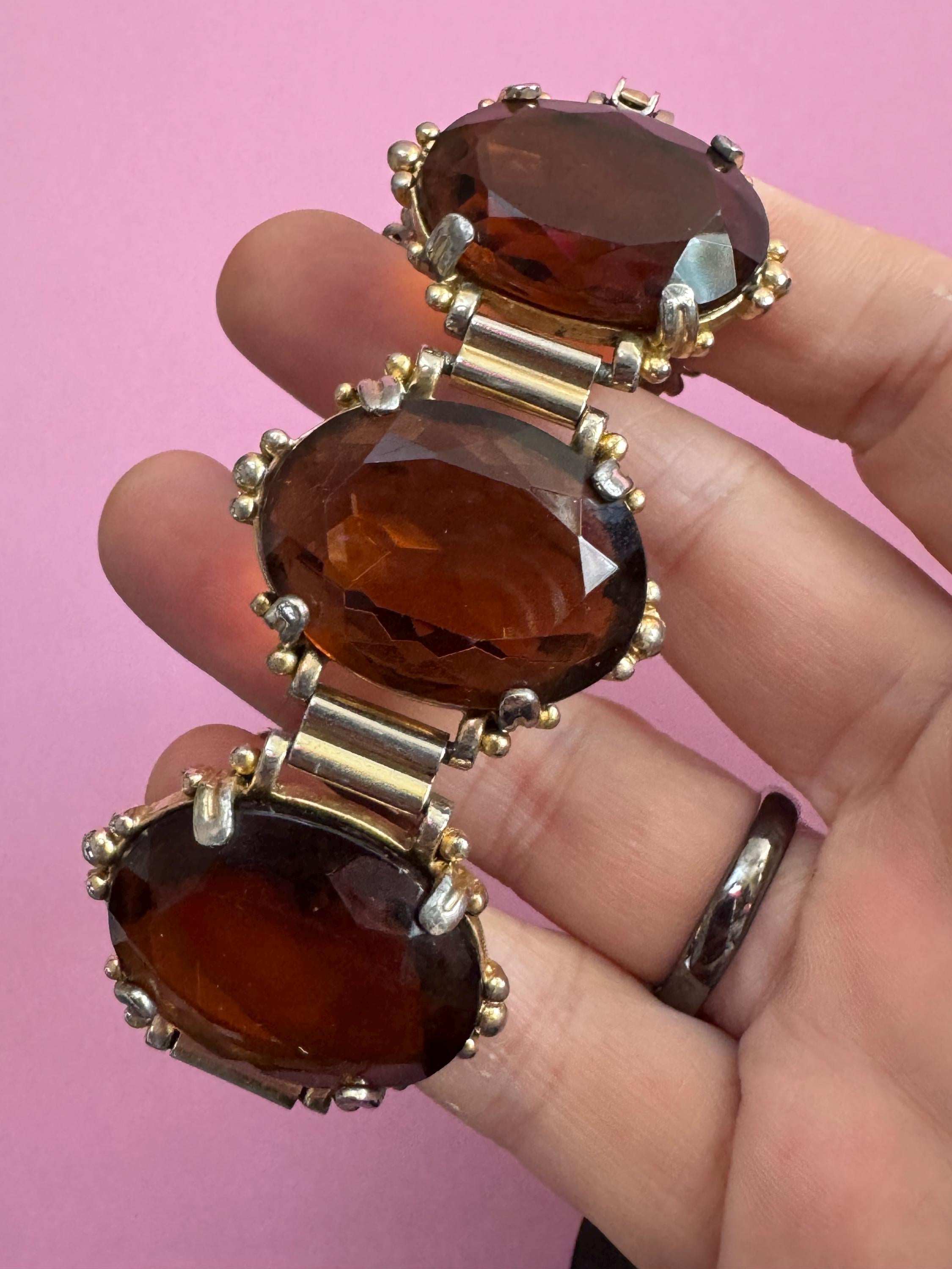 Vintage oversized dark brown cognac Glass Cabochon Gold Tone cocktail bracelet