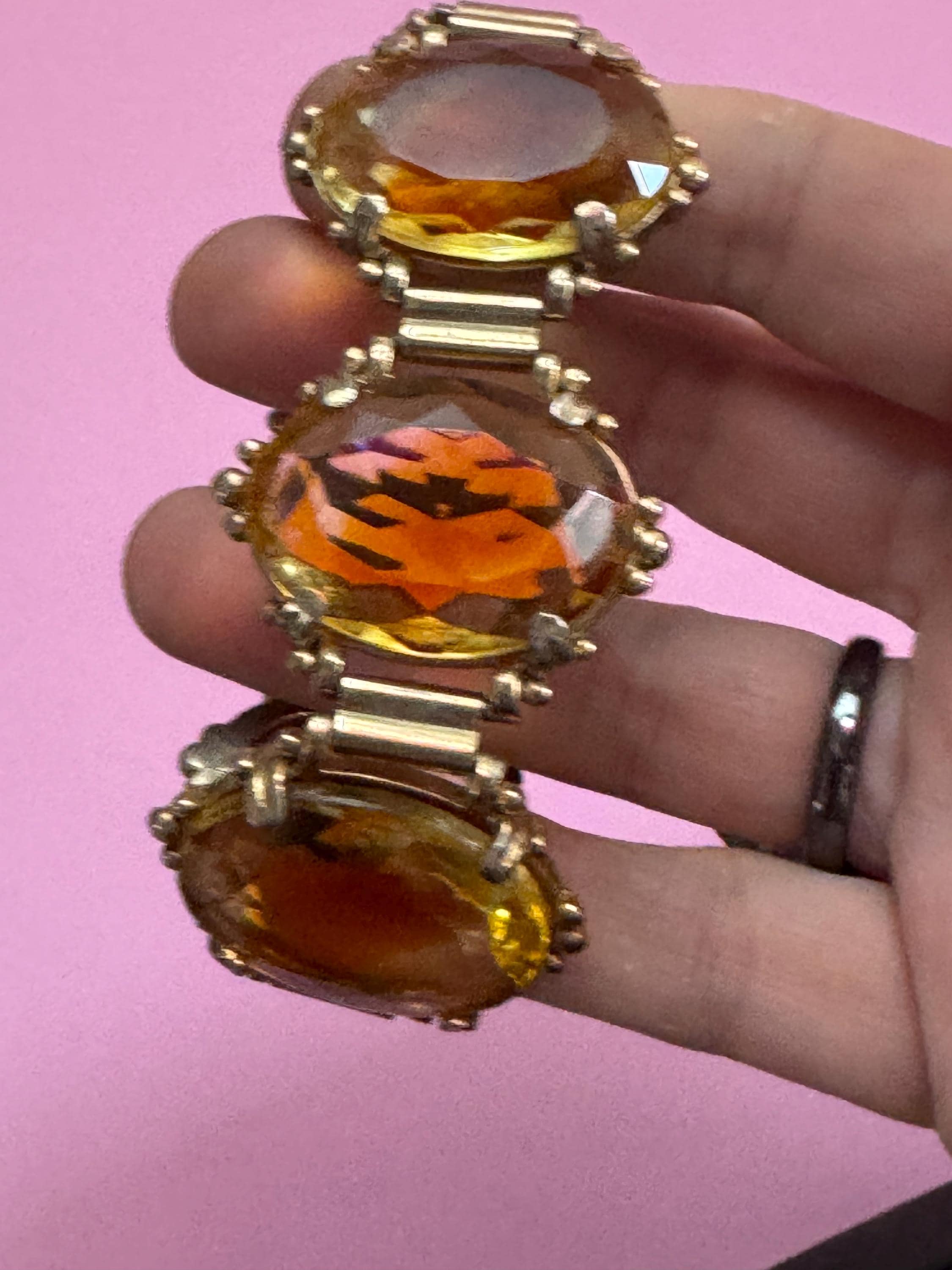 Faceted citrine orange Glass Gold Tone chunky panel link cocktail bracelet