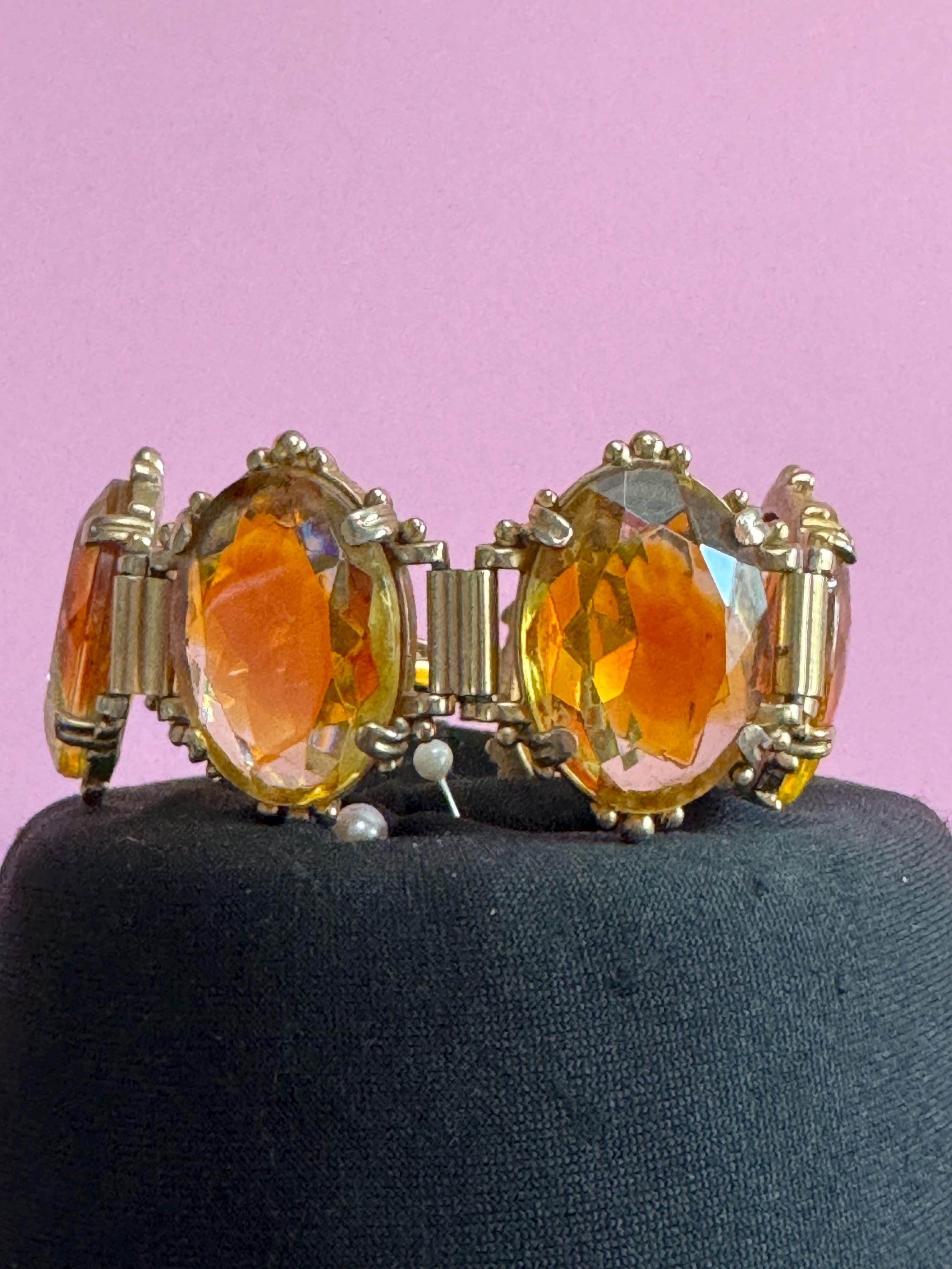 Faceted citrine orange Glass Gold Tone chunky panel link cocktail bracelet