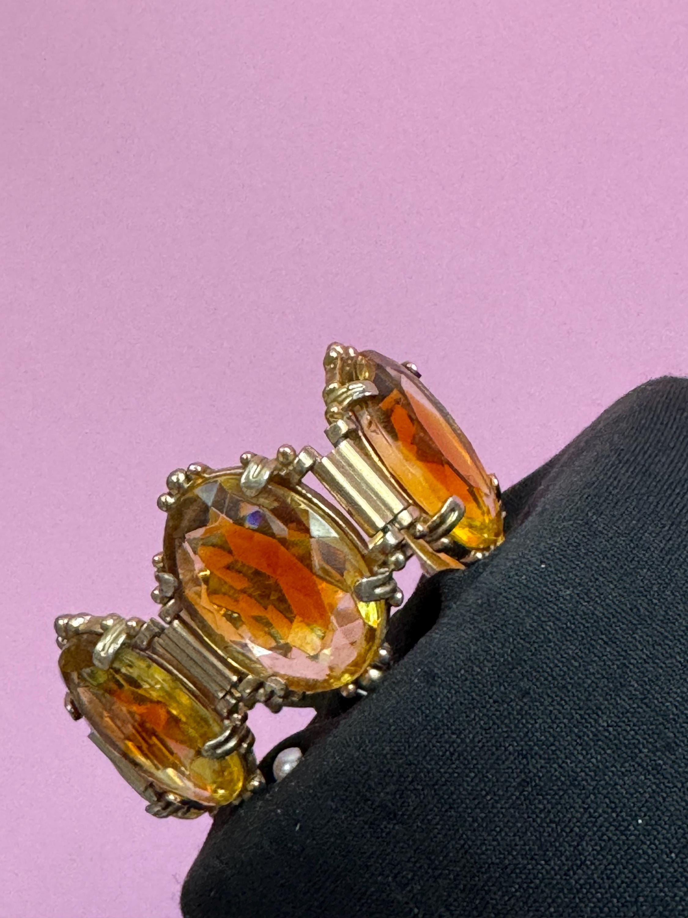 Faceted citrine orange Glass Gold Tone chunky panel link cocktail bracelet