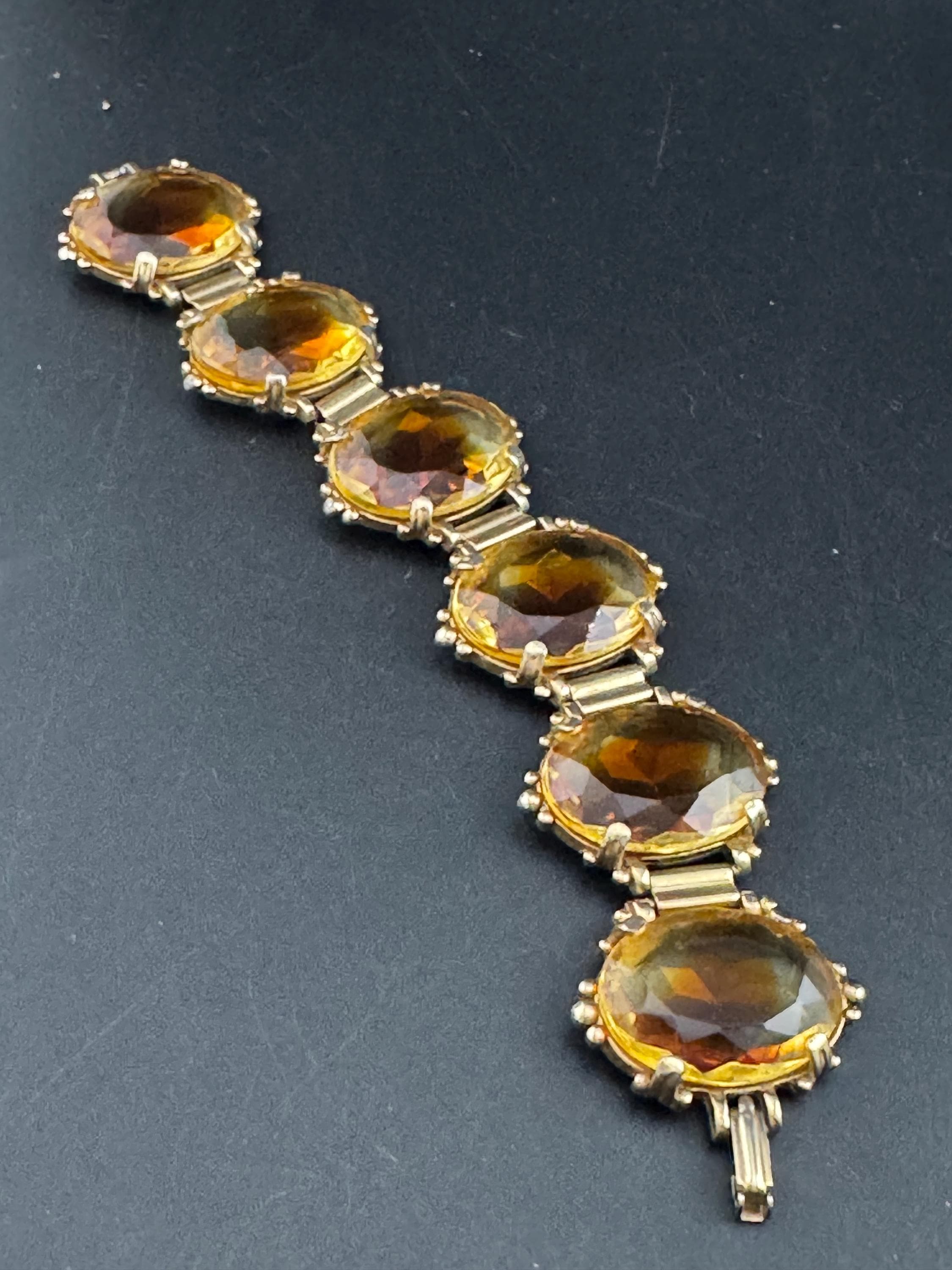 Faceted citrine orange Glass Gold Tone chunky panel link cocktail bracelet