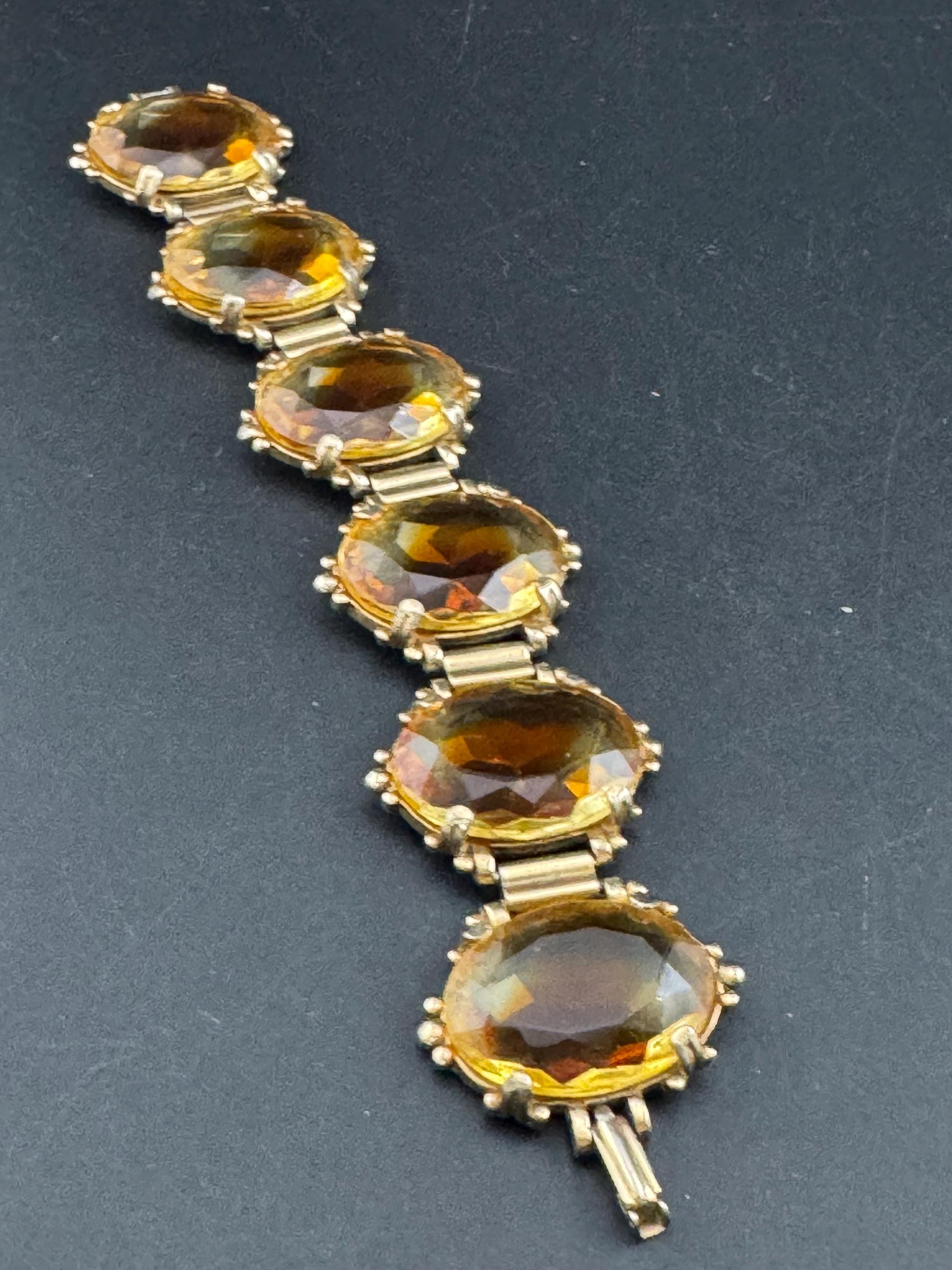 Faceted citrine orange Glass Gold Tone chunky panel link cocktail bracelet
