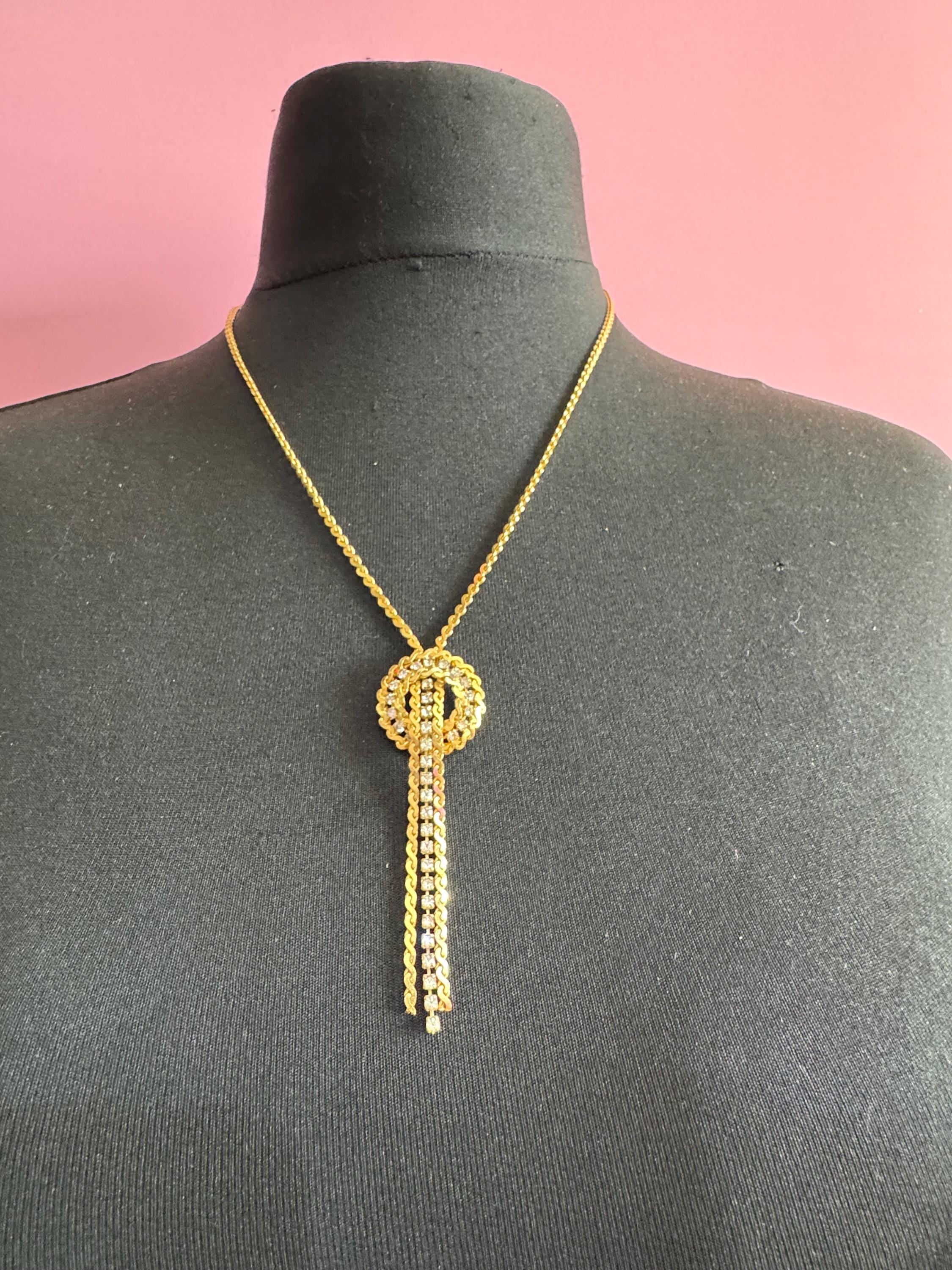 Vintage penino Gold Lariat Necklace: Diamanté Tassel Drop