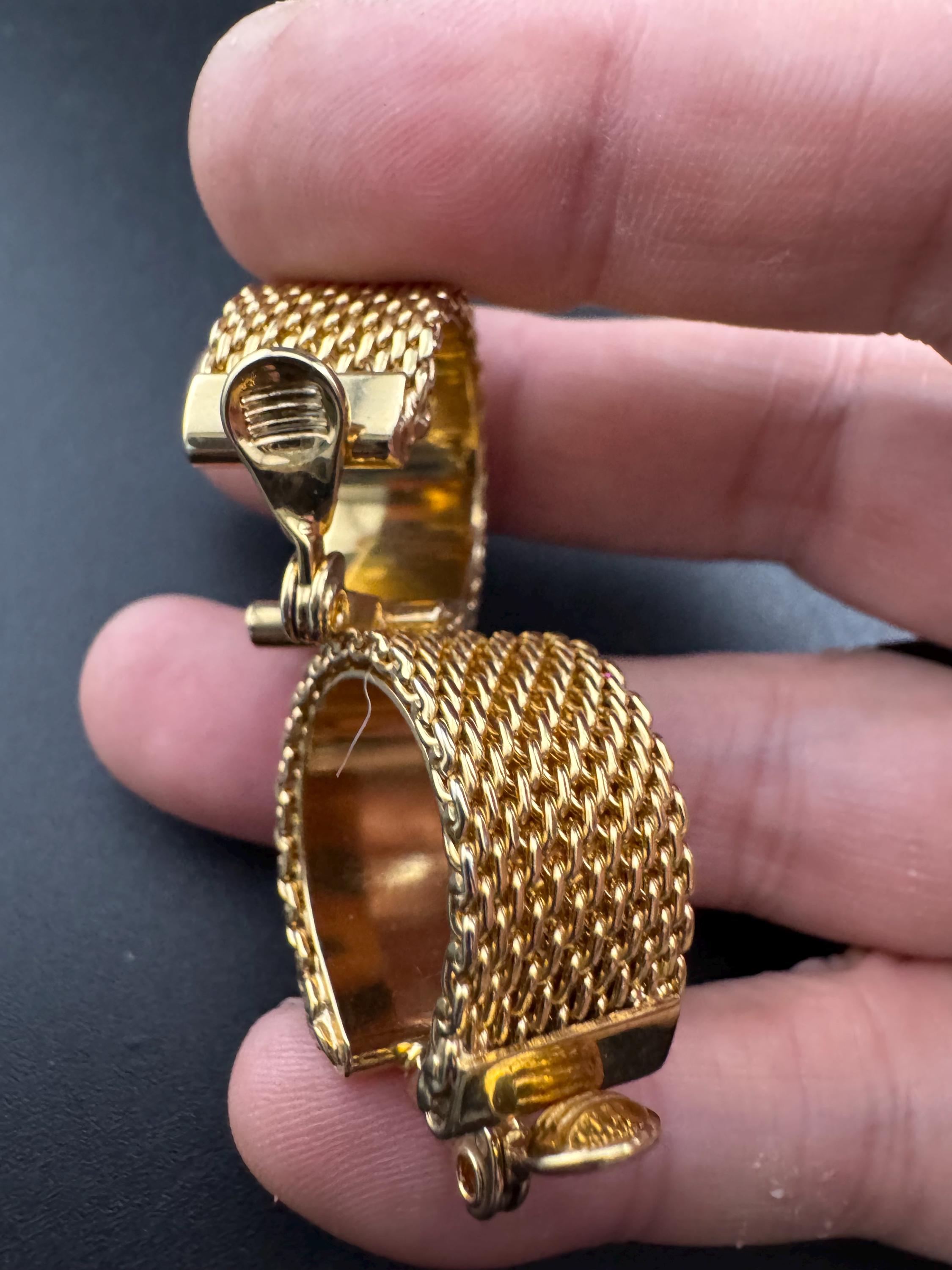 1980s gold tone wide mesh clip on hoop earrings