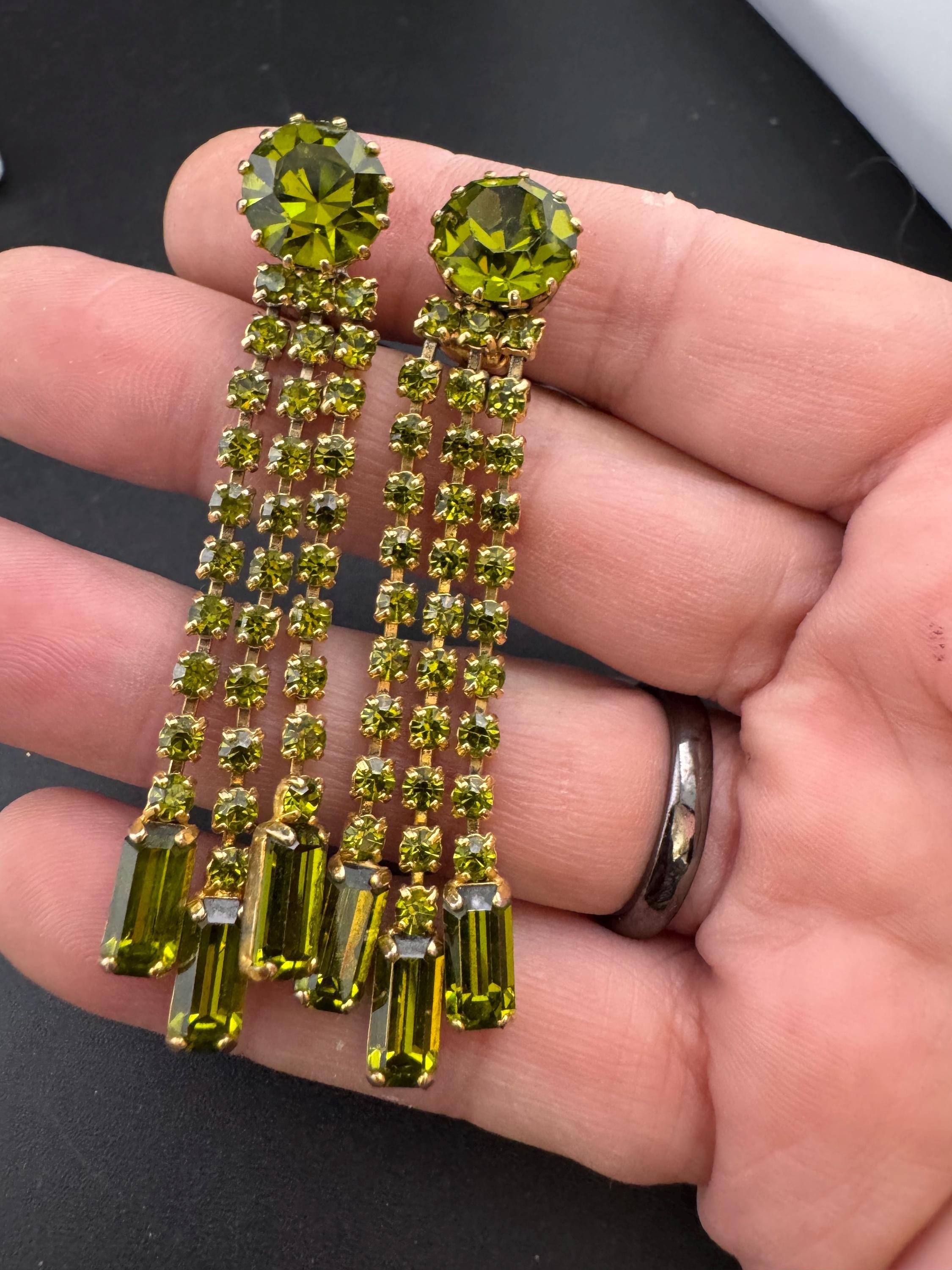 Vintage Emerald rhinestone 6cm Drop Clip On Earrings, Gold Tone Art deco style earrings