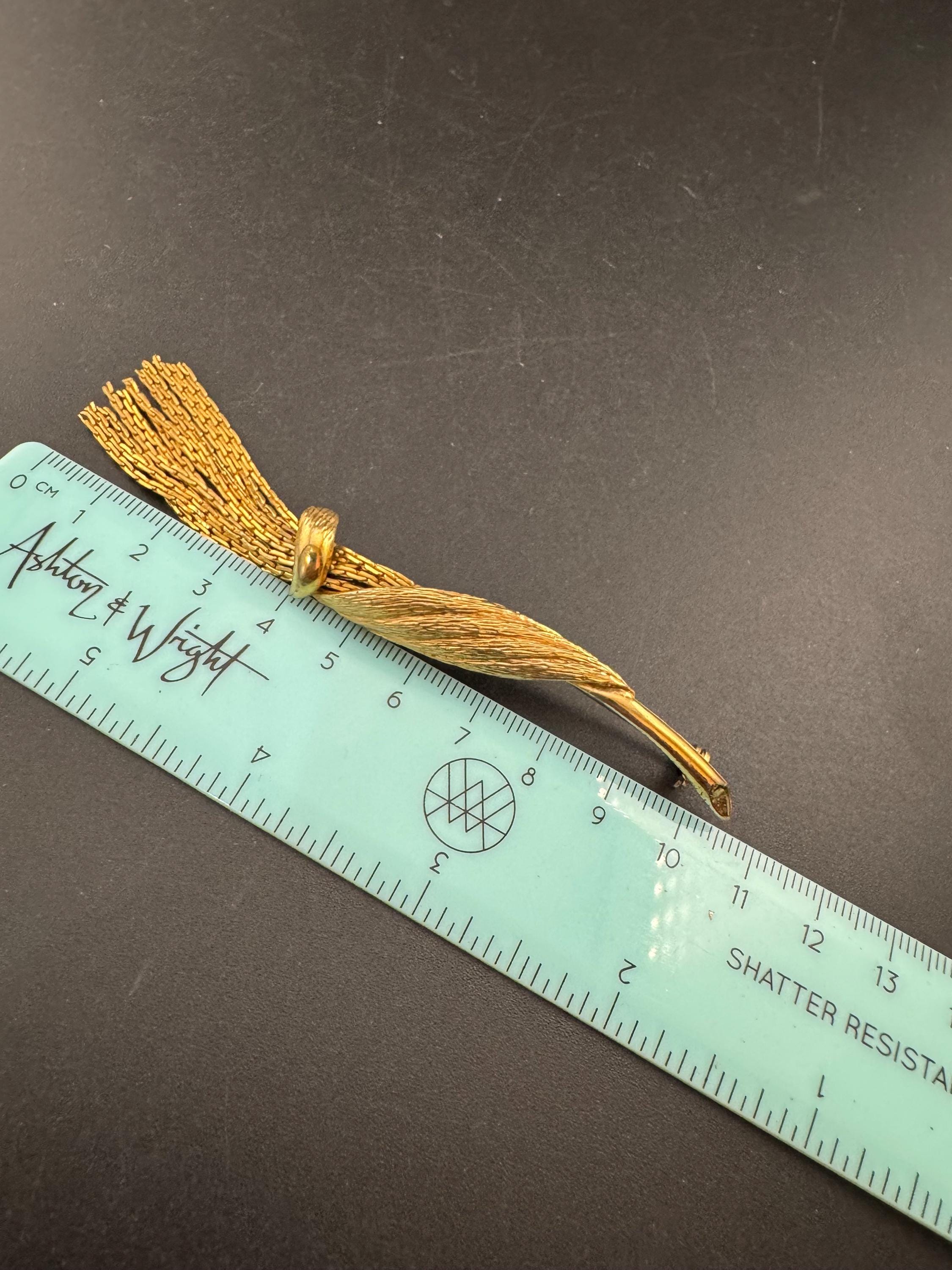 vintage brushed gold tassel brooch, 1960s 1950s