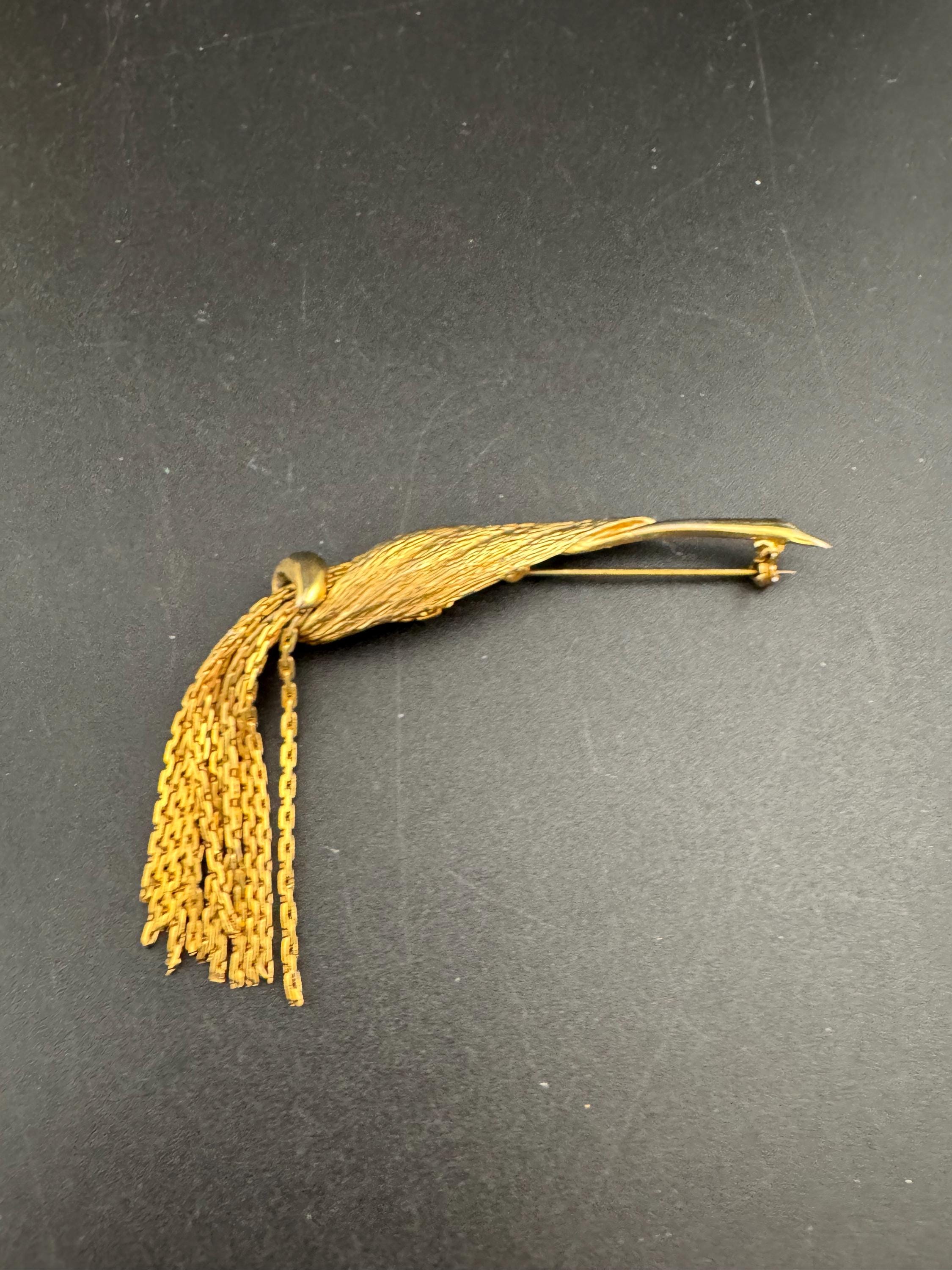 vintage brushed gold tassel brooch, 1960s 1950s