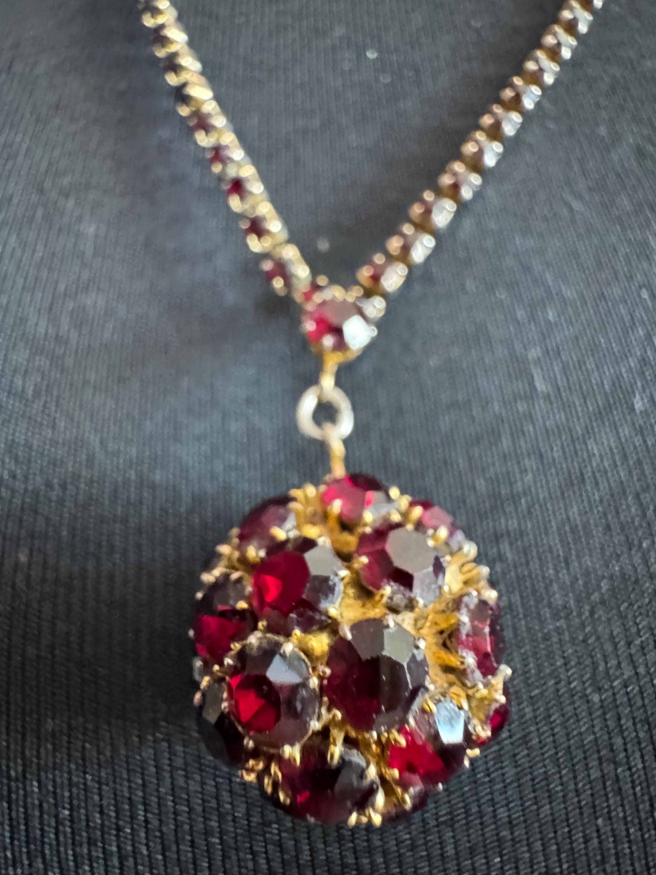 Vintage red garnet rhinestone long ball pendant layering necklace