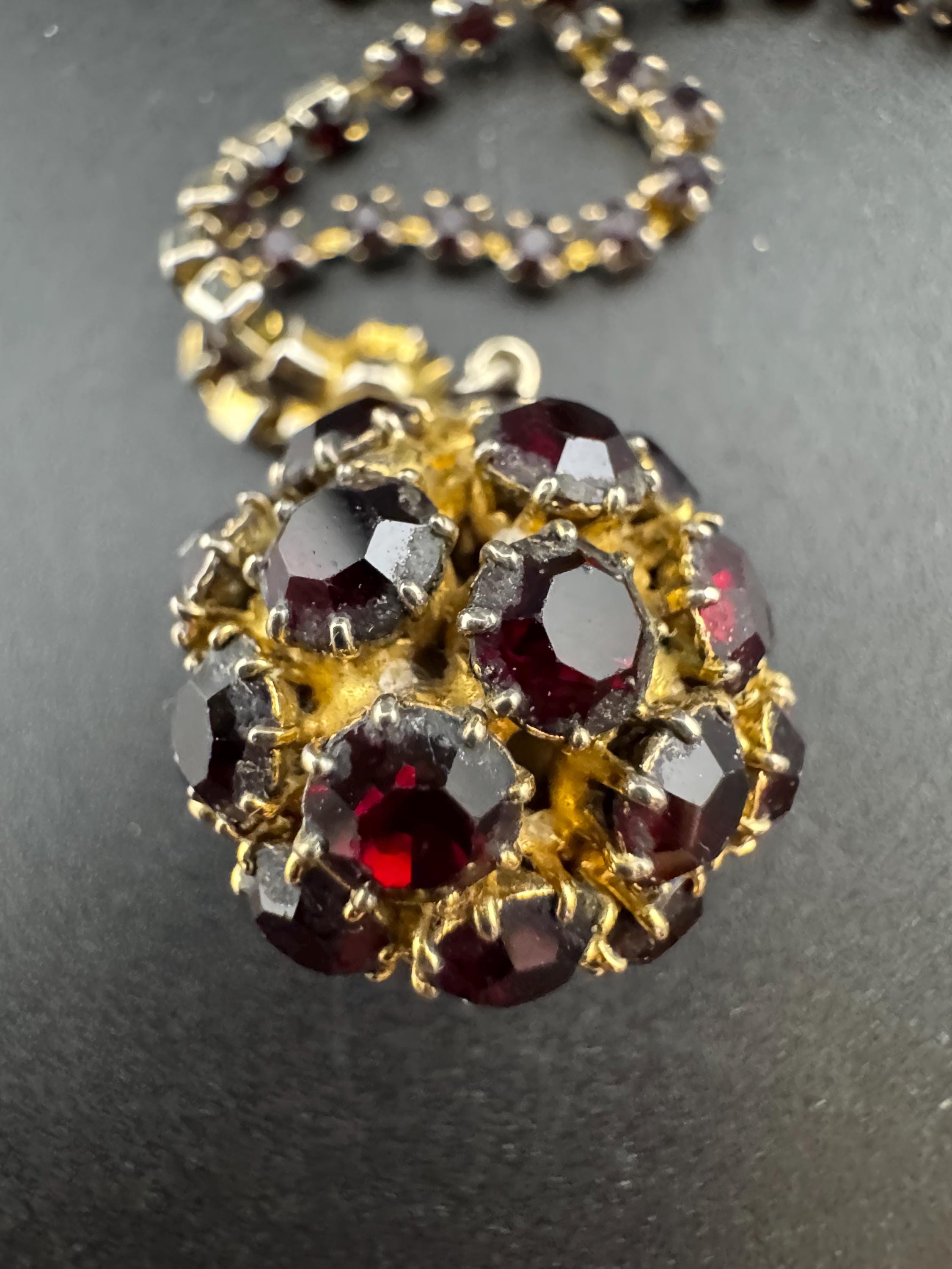 Vintage red garnet rhinestone long ball pendant layering necklace