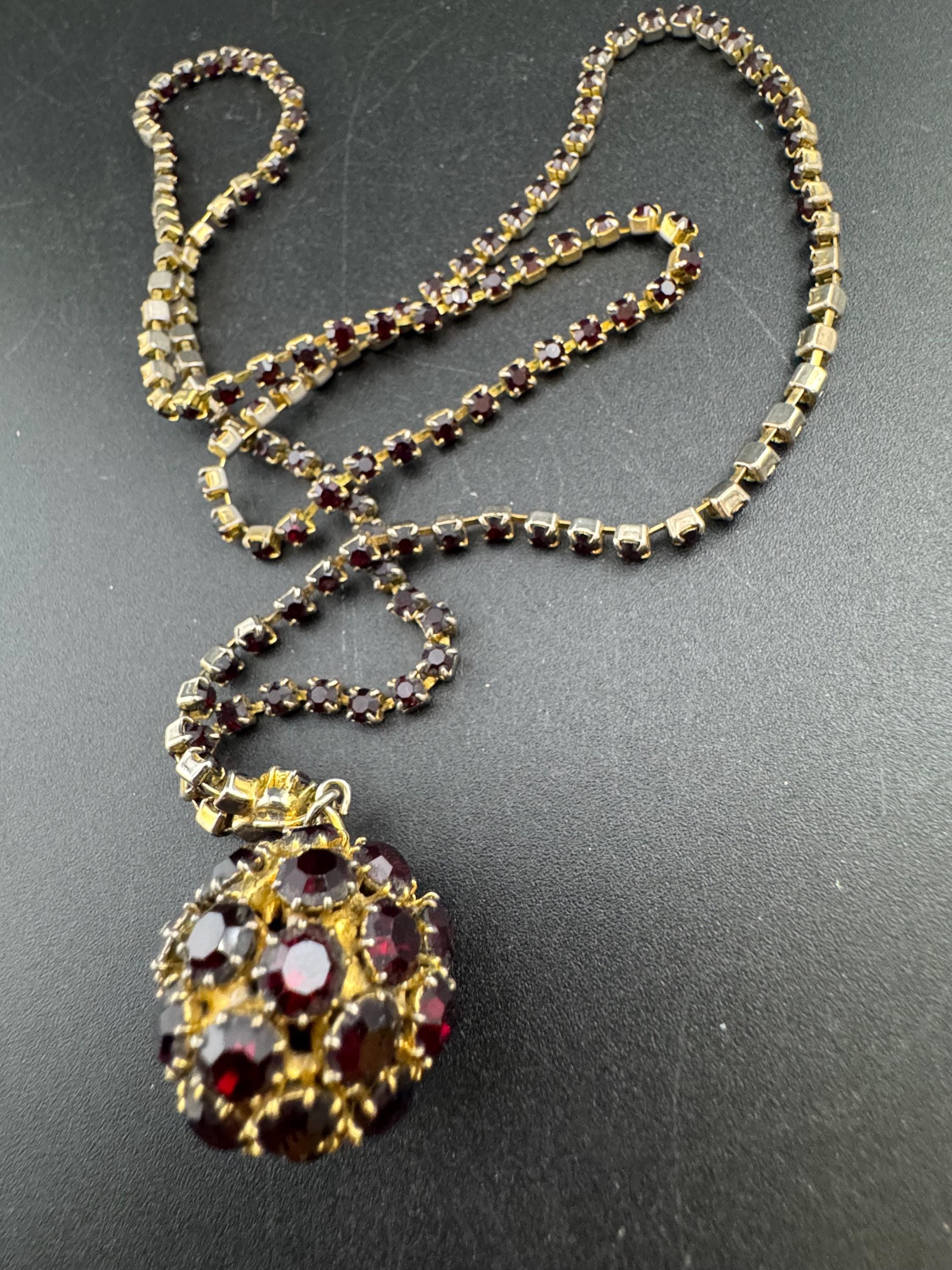 Vintage red garnet rhinestone long ball pendant layering necklace