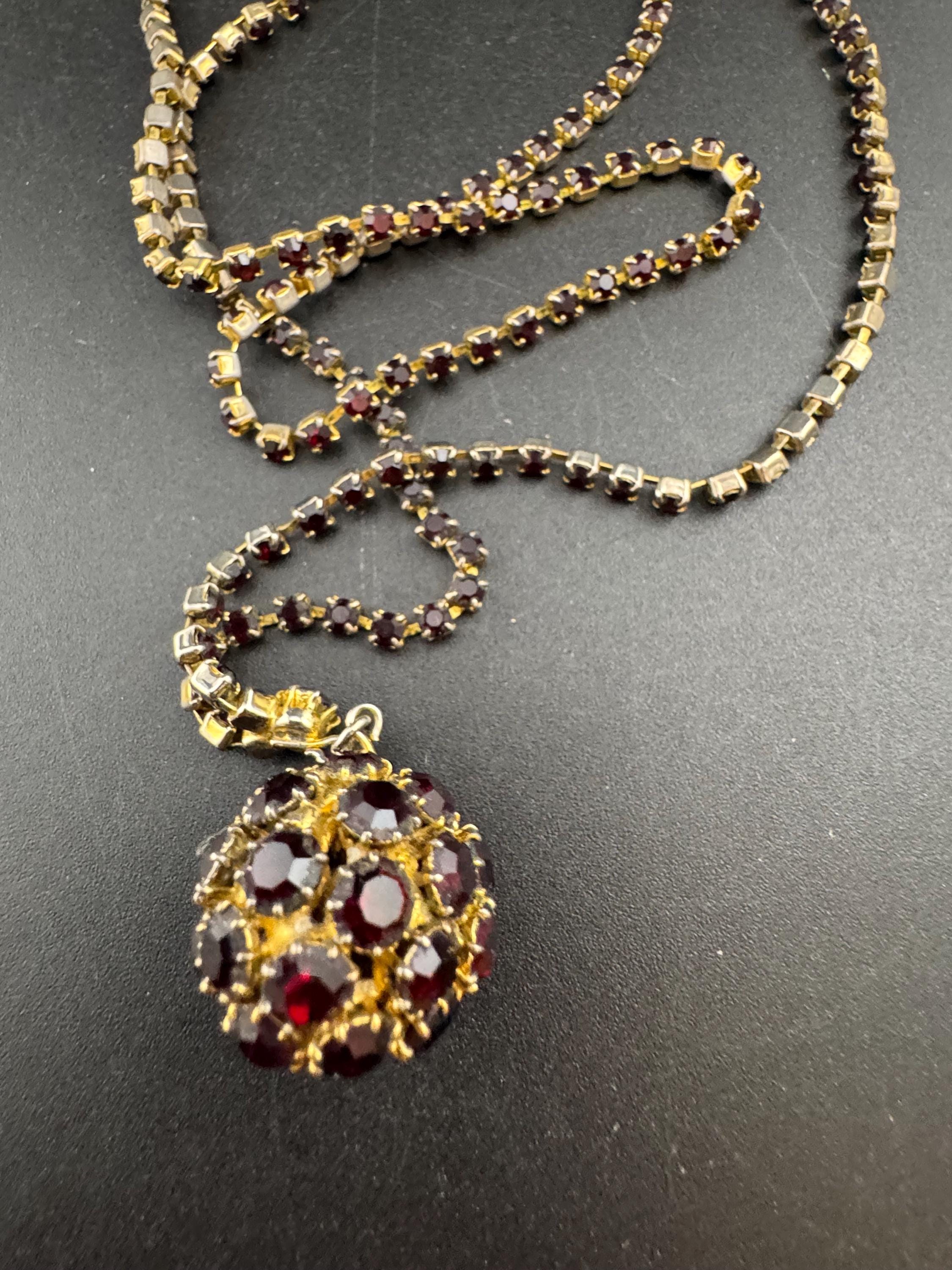 Vintage red garnet rhinestone long ball pendant layering necklace