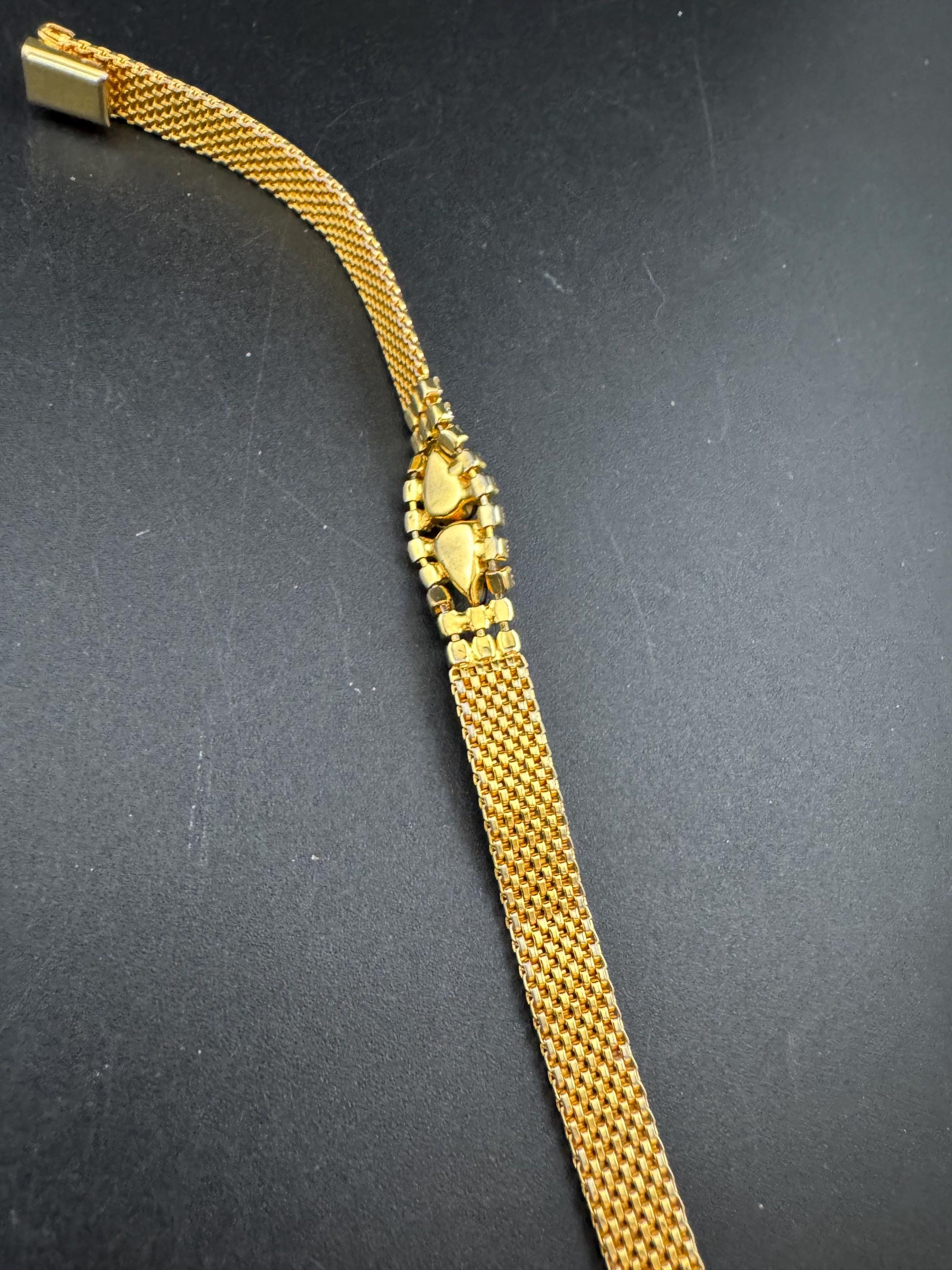 Vintage black rhinestone Glass Gold Tone mesh cocktail bracelet