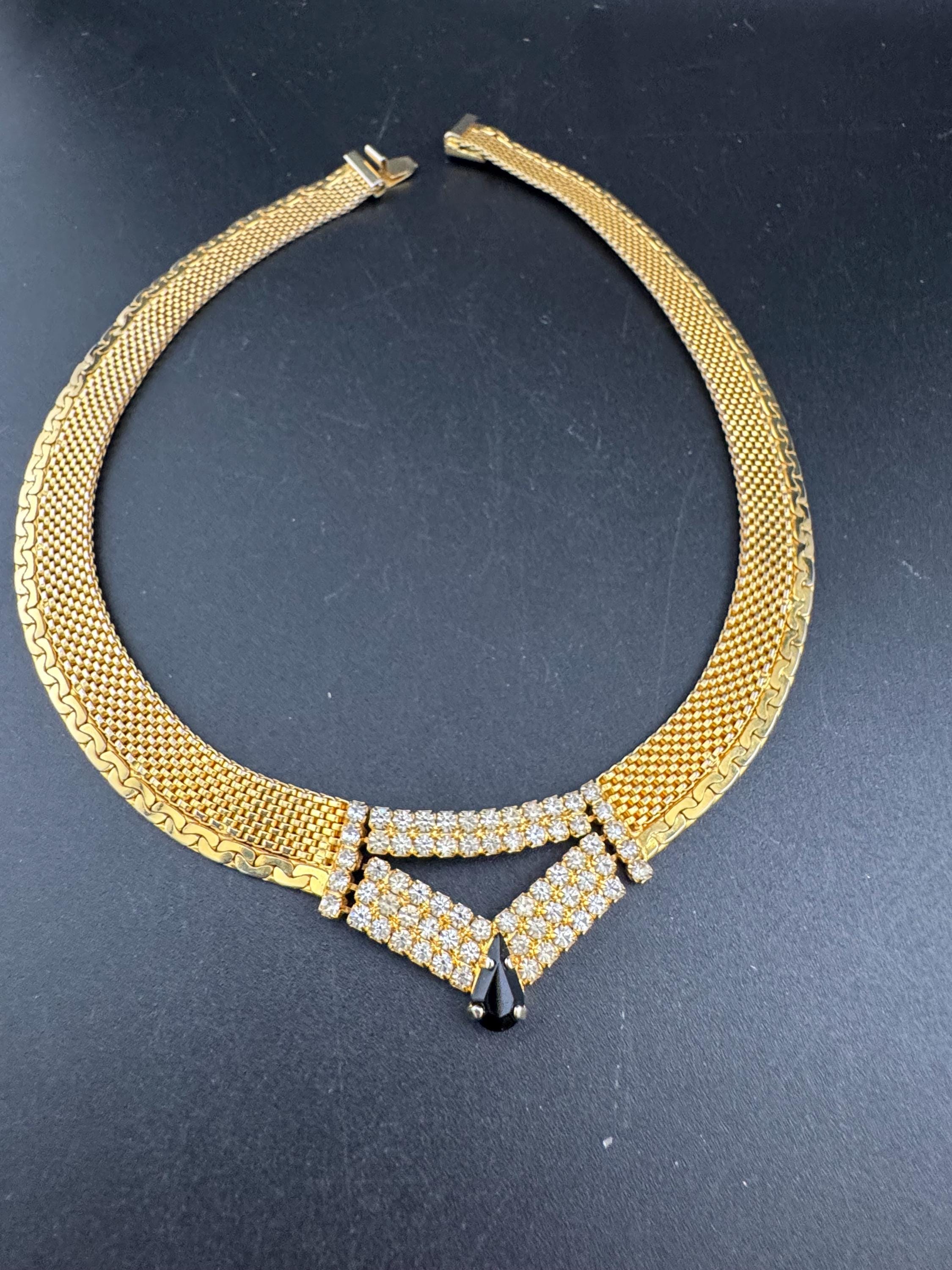 Vintage black and clear rhinestone gold mesh choker necklace 42cm