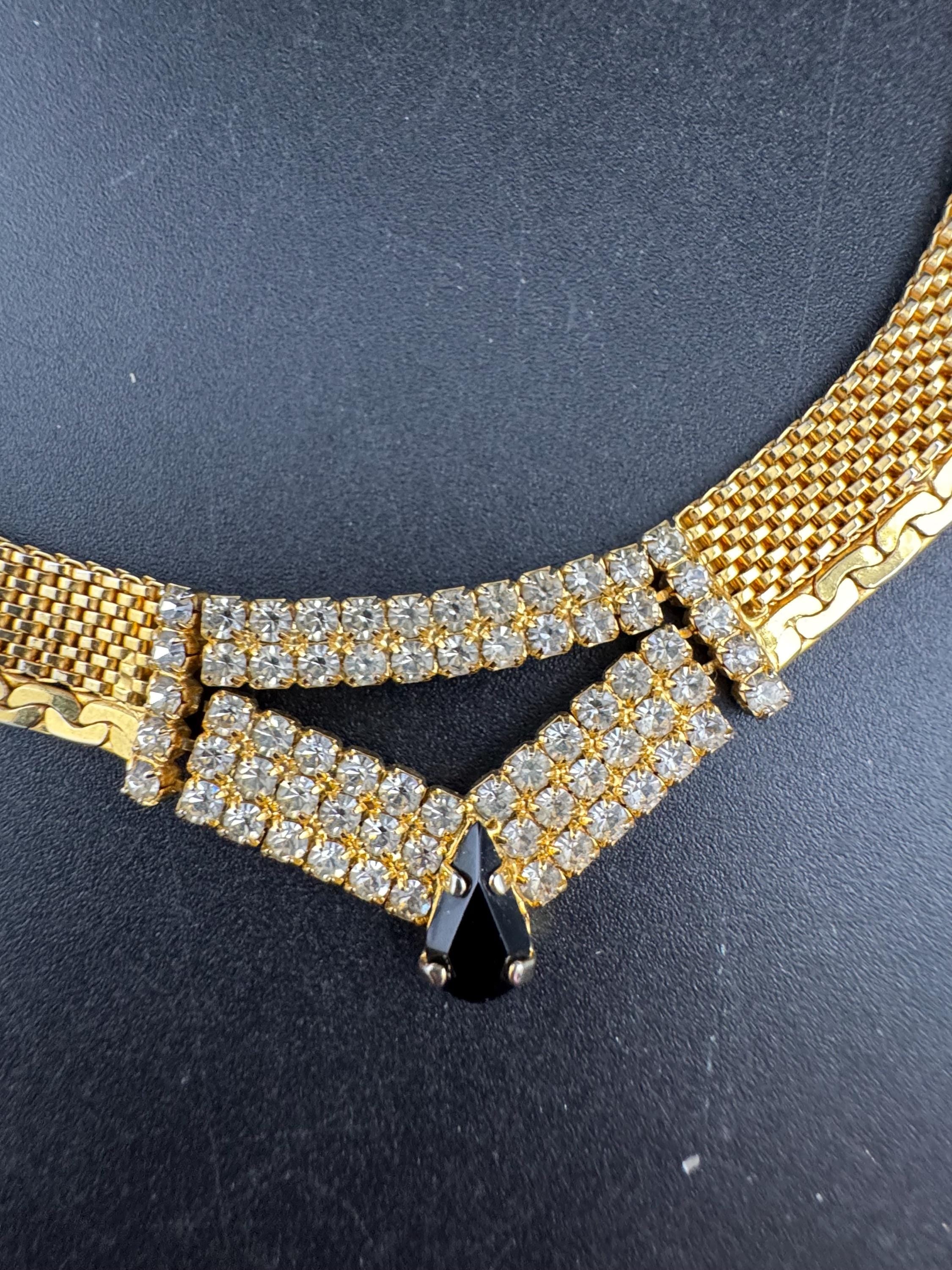 Vintage black and clear rhinestone gold mesh choker necklace 42cm