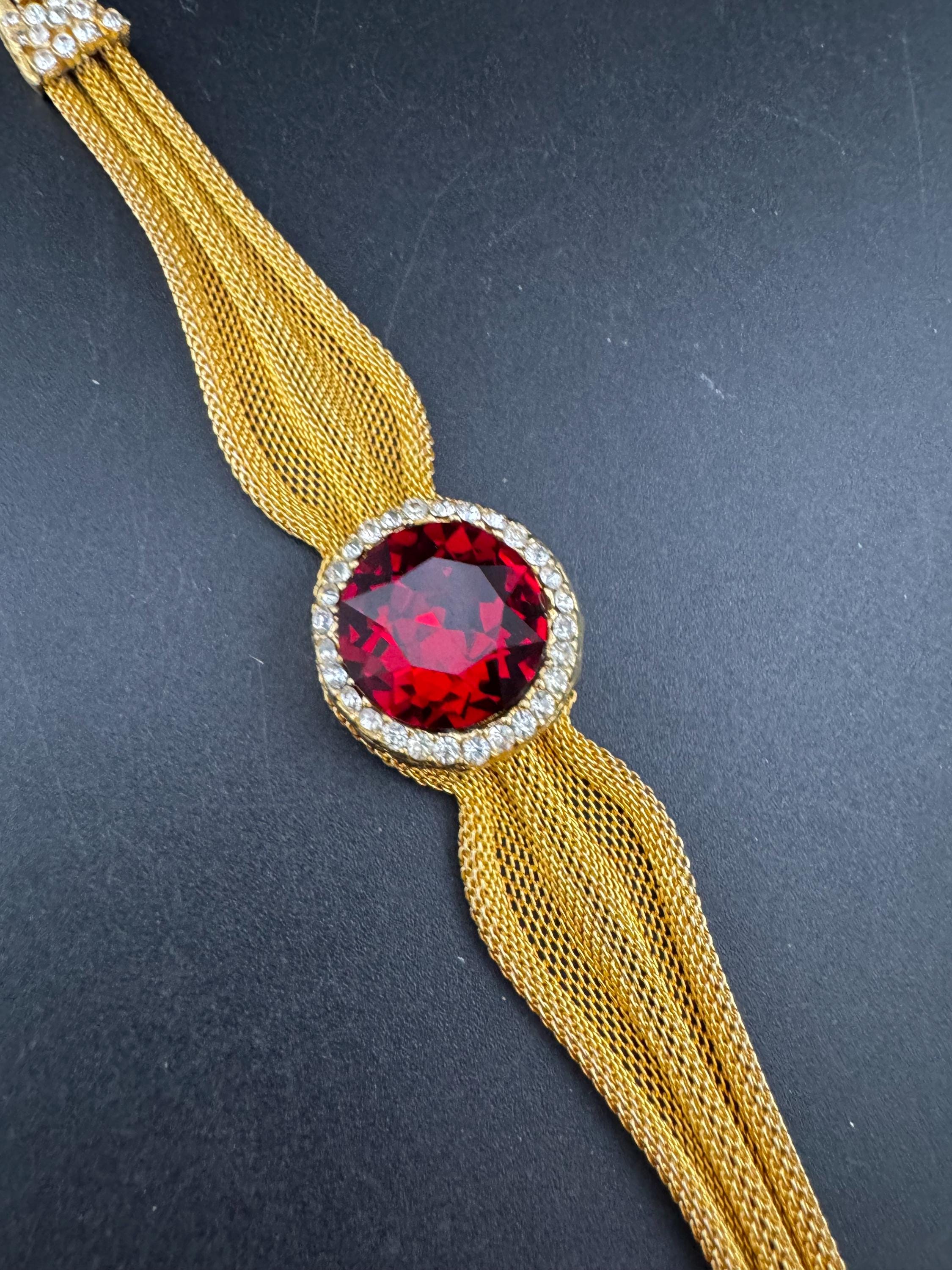 Vintage gold mesh ruby red rhinestone cocktail bracelet 1970s 1960s
