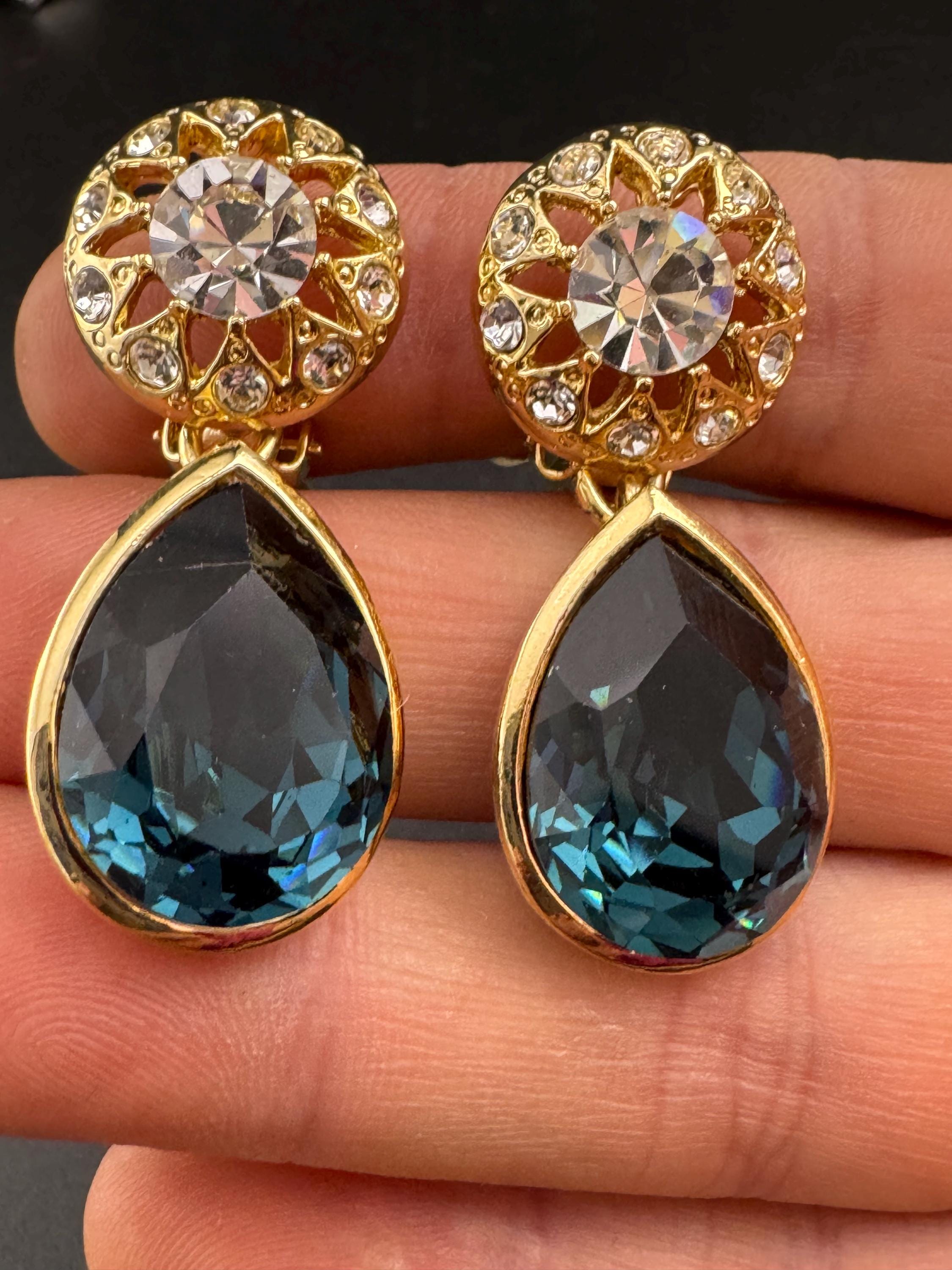 Sapphire blue teardrop Crystal clip on dangly Earrings: Swarovski, Gold Tone, 1980s Stock