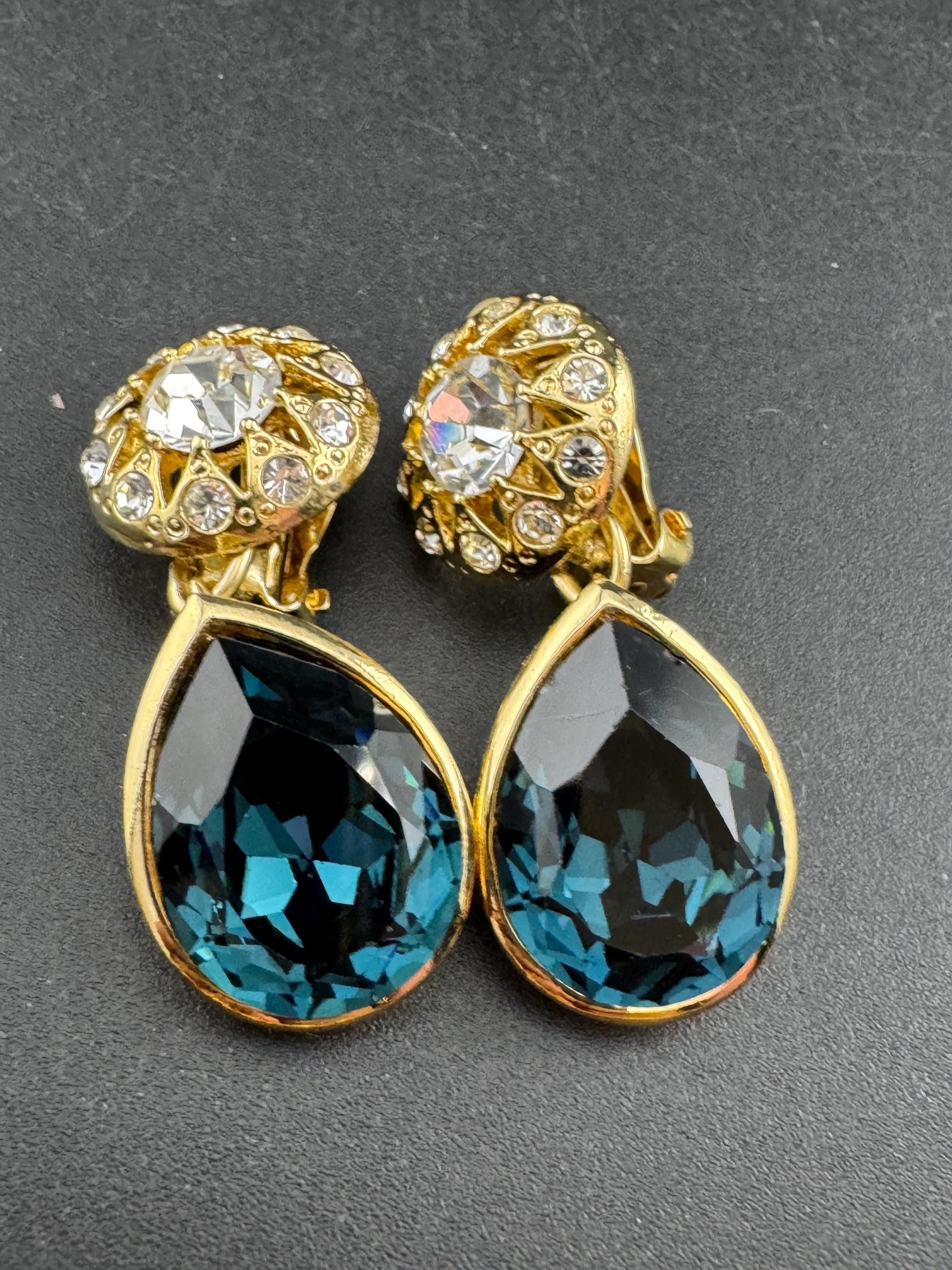 Sapphire blue teardrop Crystal clip on dangly Earrings: Swarovski, Gold Tone, 1980s Stock