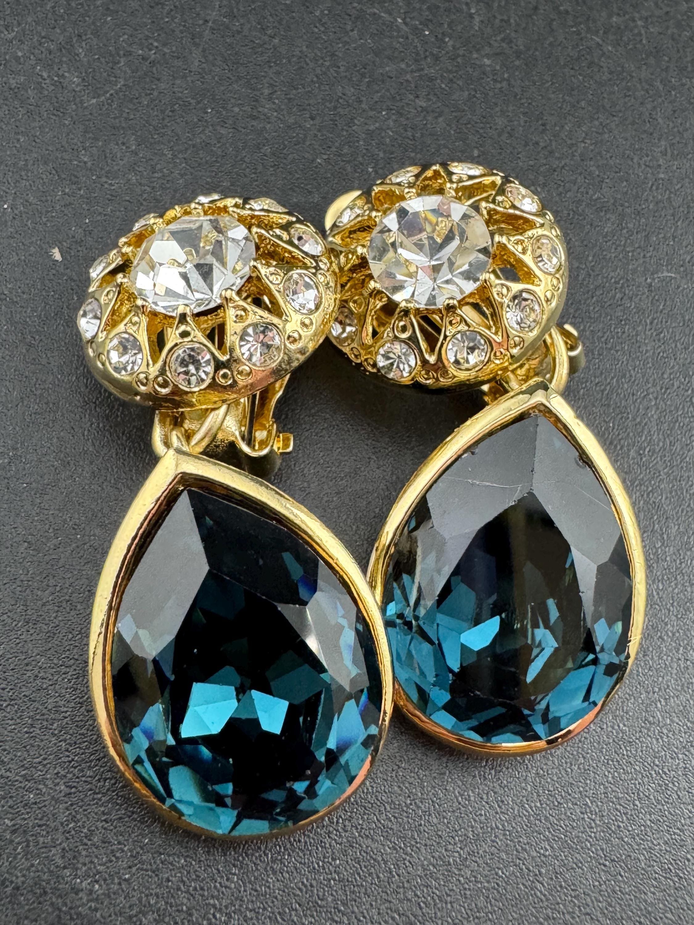 Sapphire blue teardrop Crystal clip on dangly Earrings: Swarovski, Gold Tone, 1980s Stock