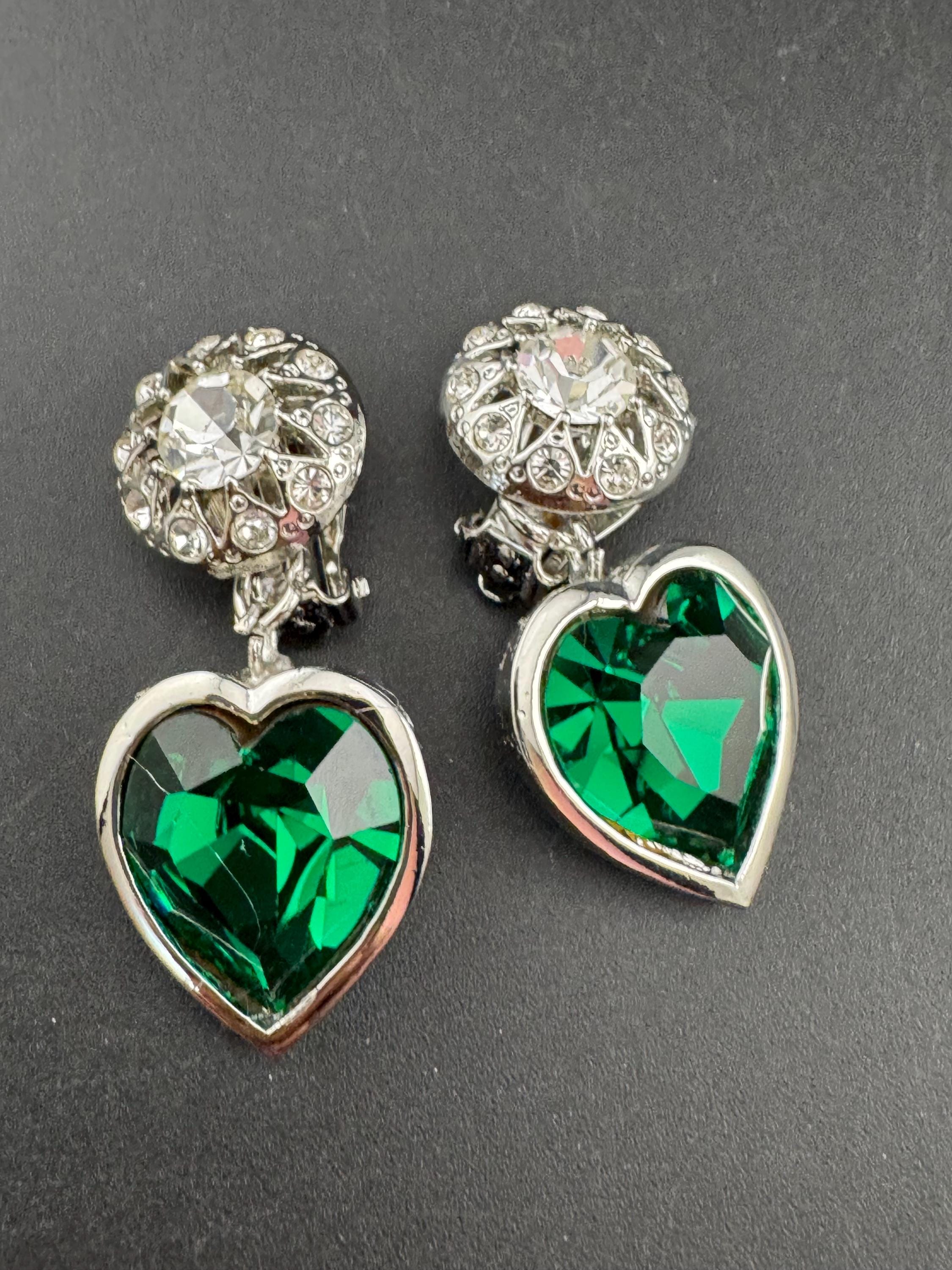 vintage emerald green Swarovski crystal love heart drop earrings, silver tone