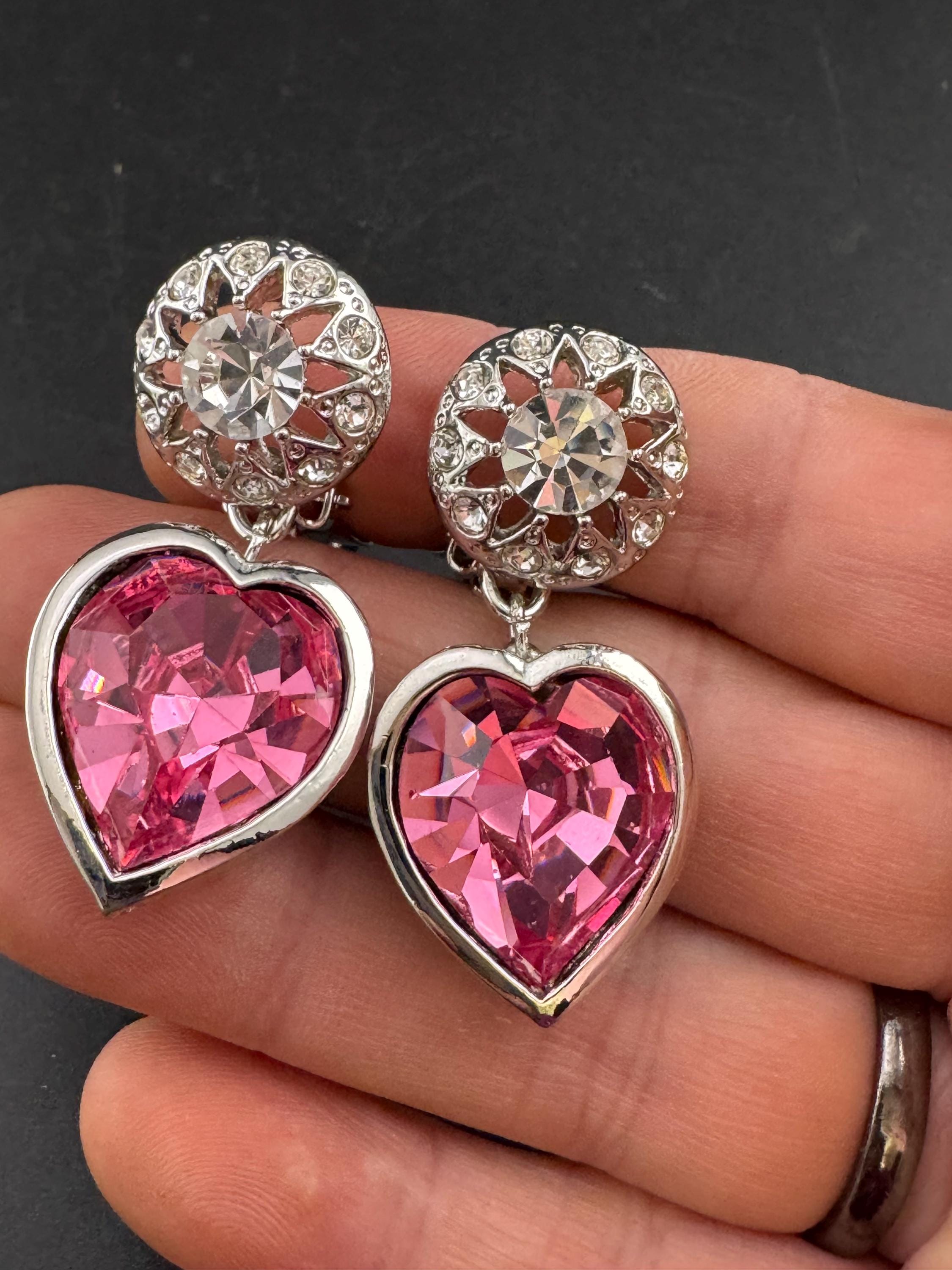 vintage pink Swarovski crystal love heart drop earrings, silver tone
