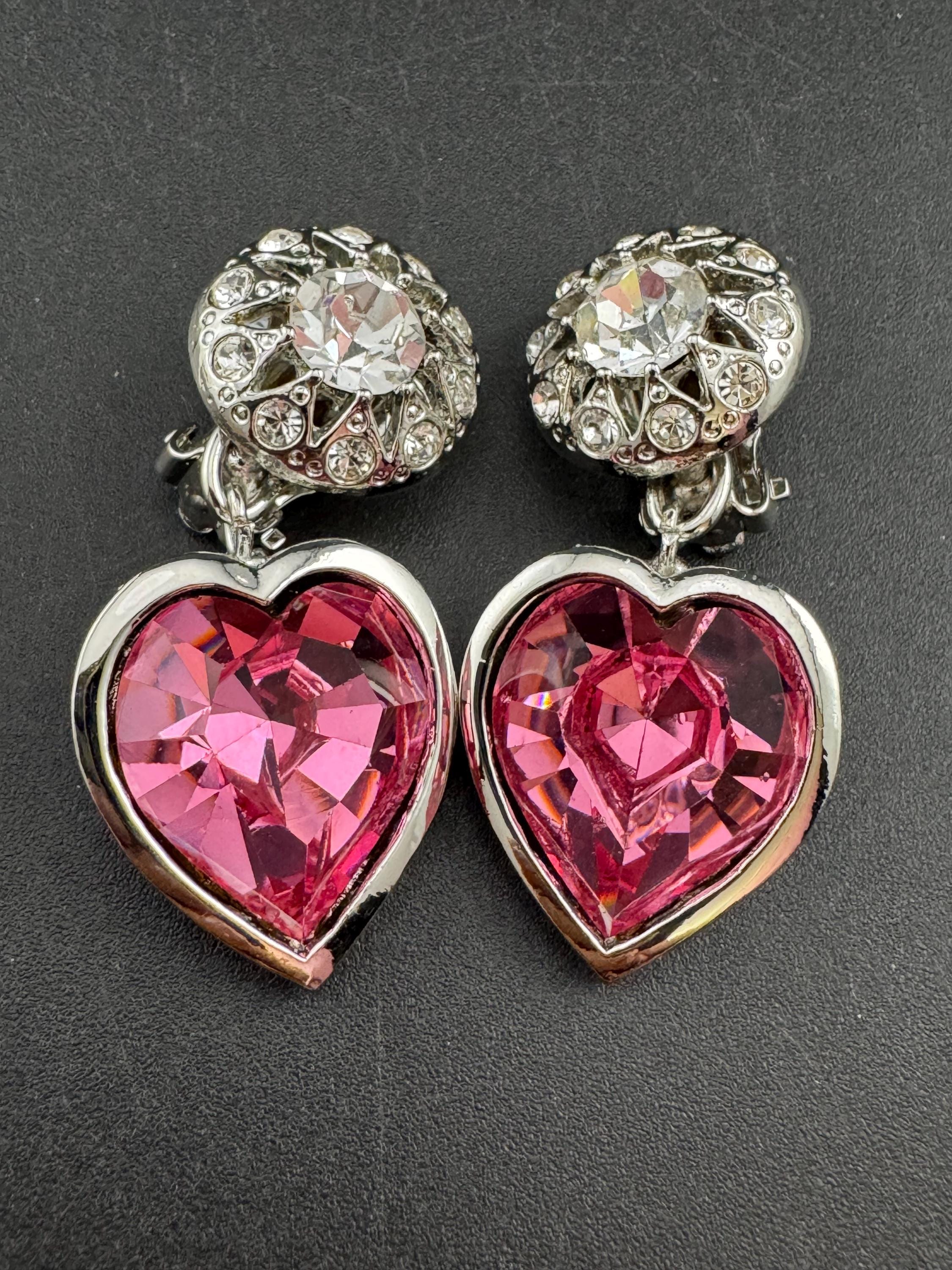 vintage pink Swarovski crystal love heart drop earrings, silver tone