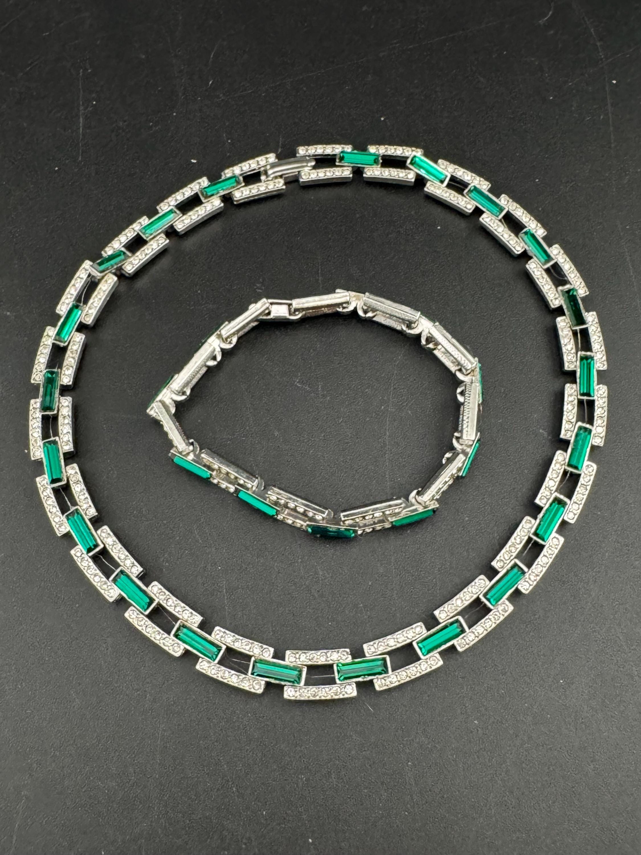 Vintage emerald Swarovski baguette crystal necklace and bracelet, green jewellery set silver tone