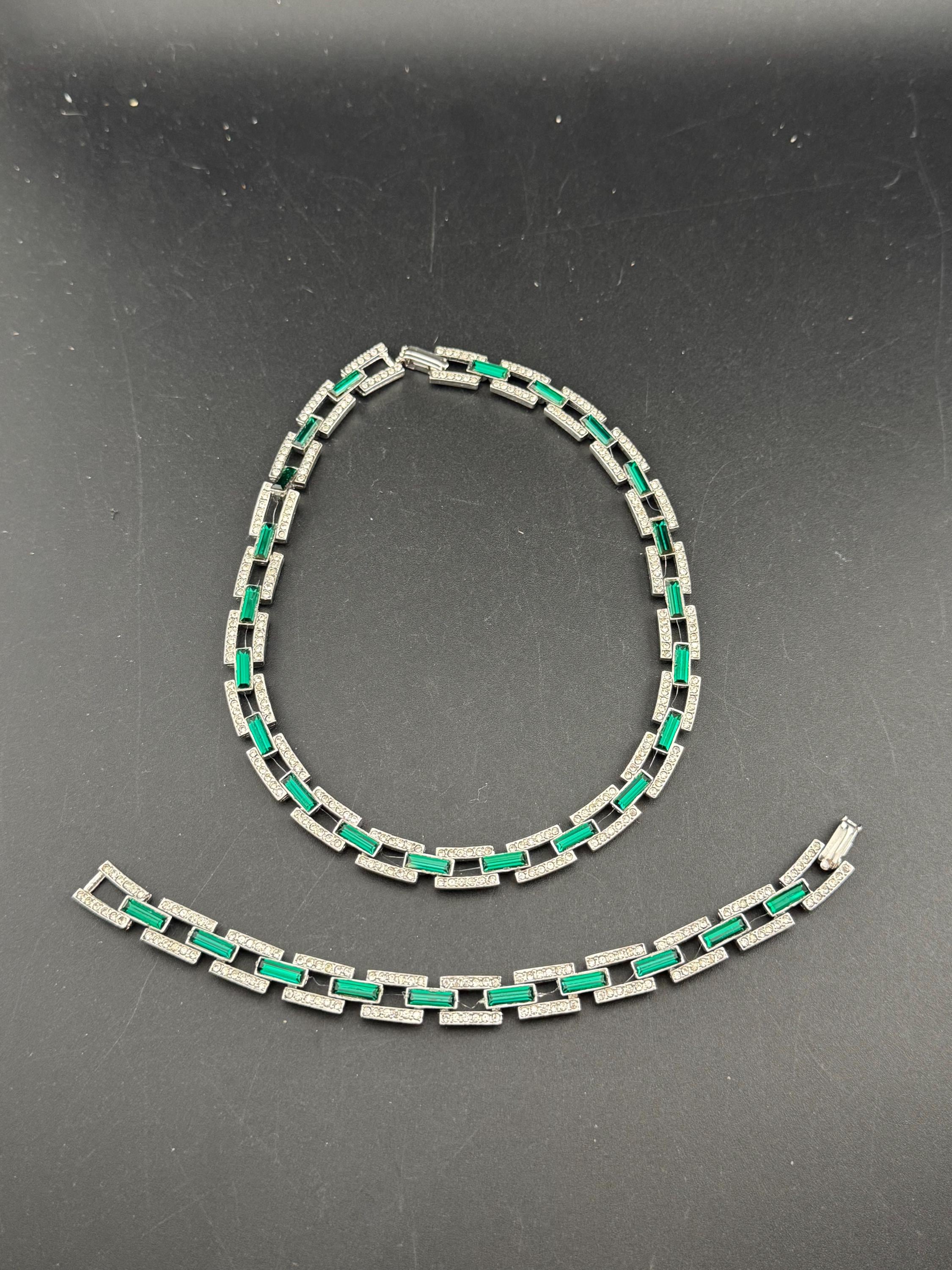 Vintage emerald Swarovski baguette crystal necklace and bracelet, green jewellery set silver tone