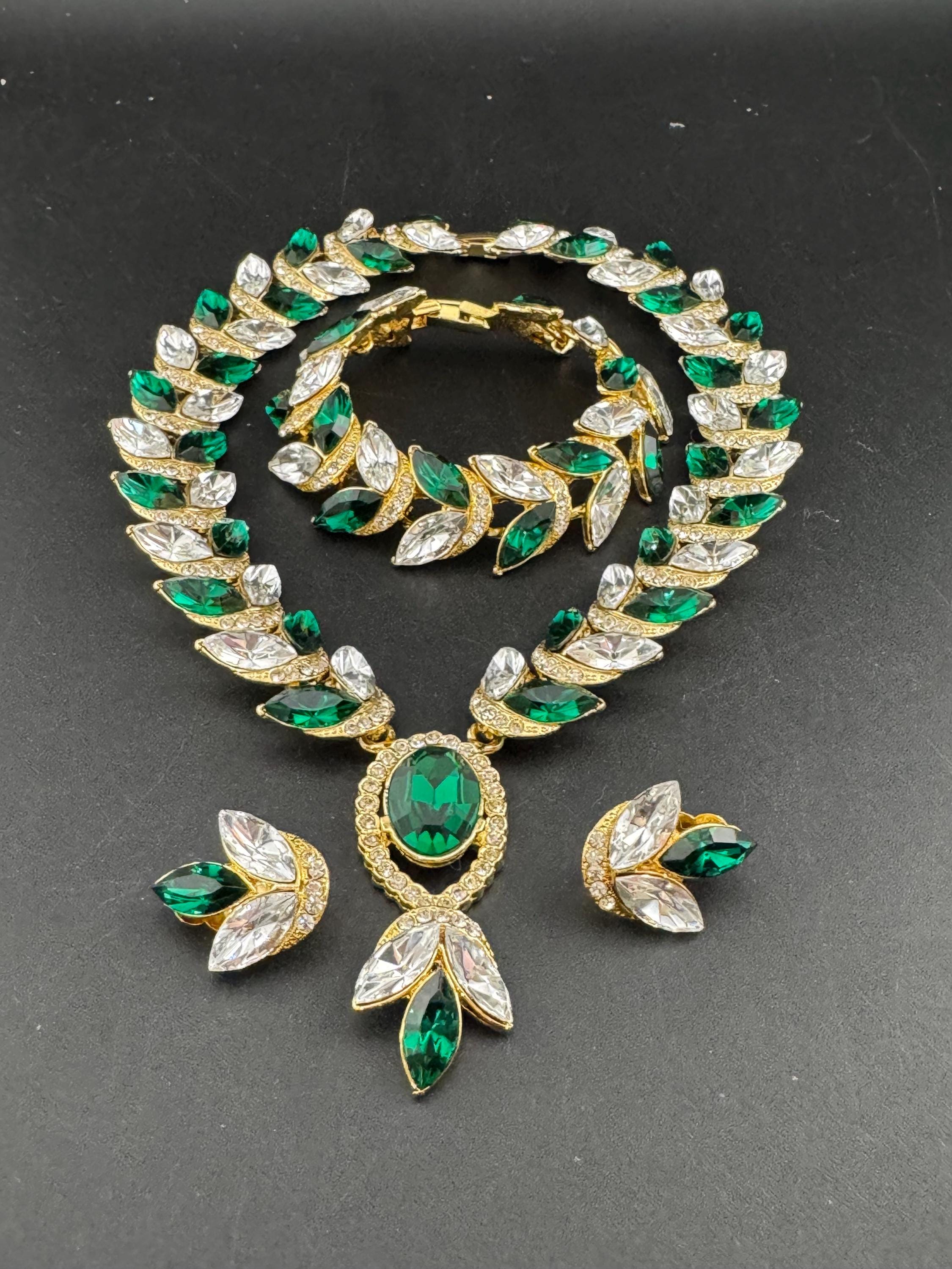 Vintage Emerald Swarovski Crystal Jewellery Set, Gold Plated Necklace, Bracelet, Earrings