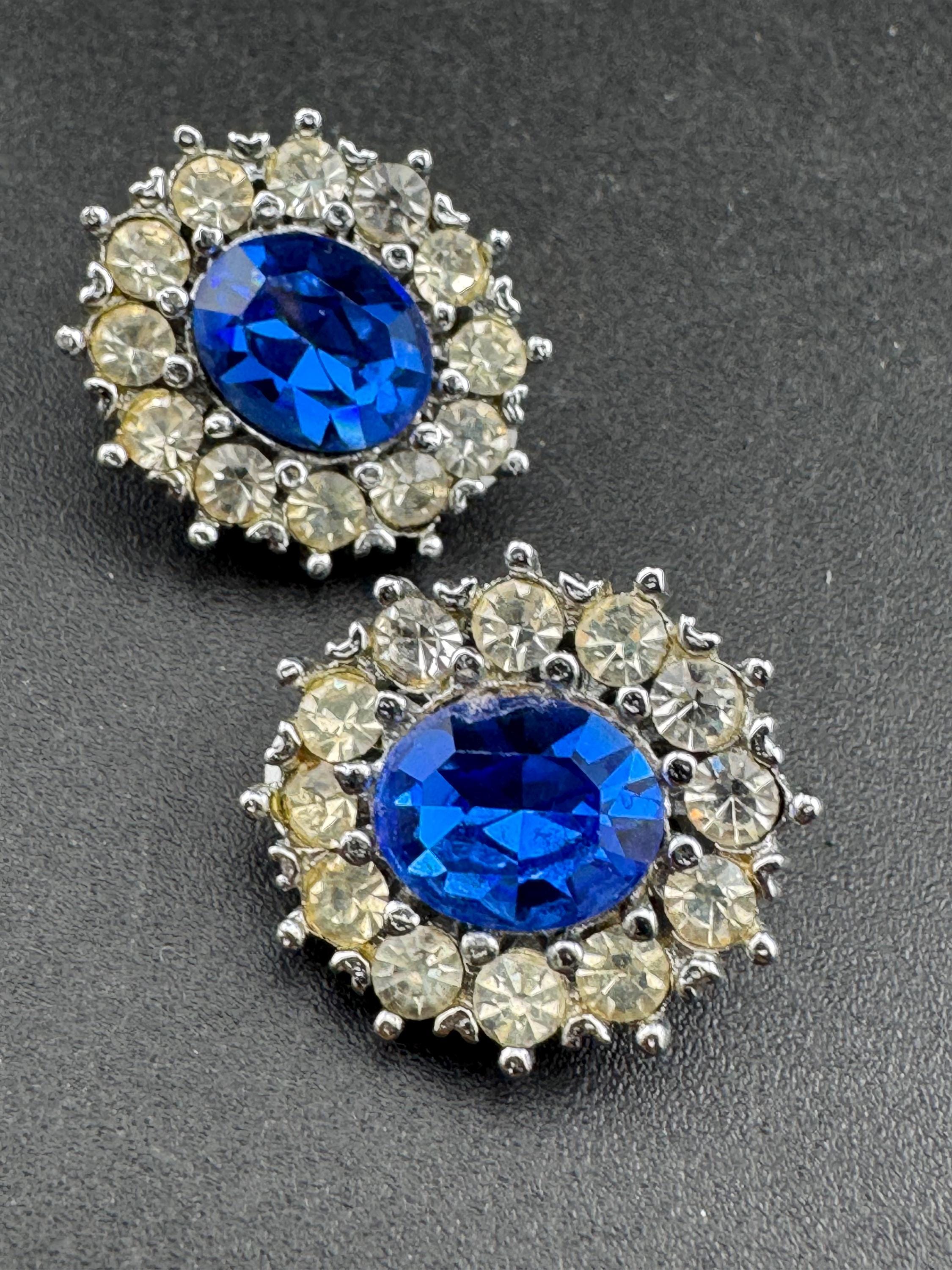 Vintage blue sapphire and clear glass diamanté clip on earrings, silver tone