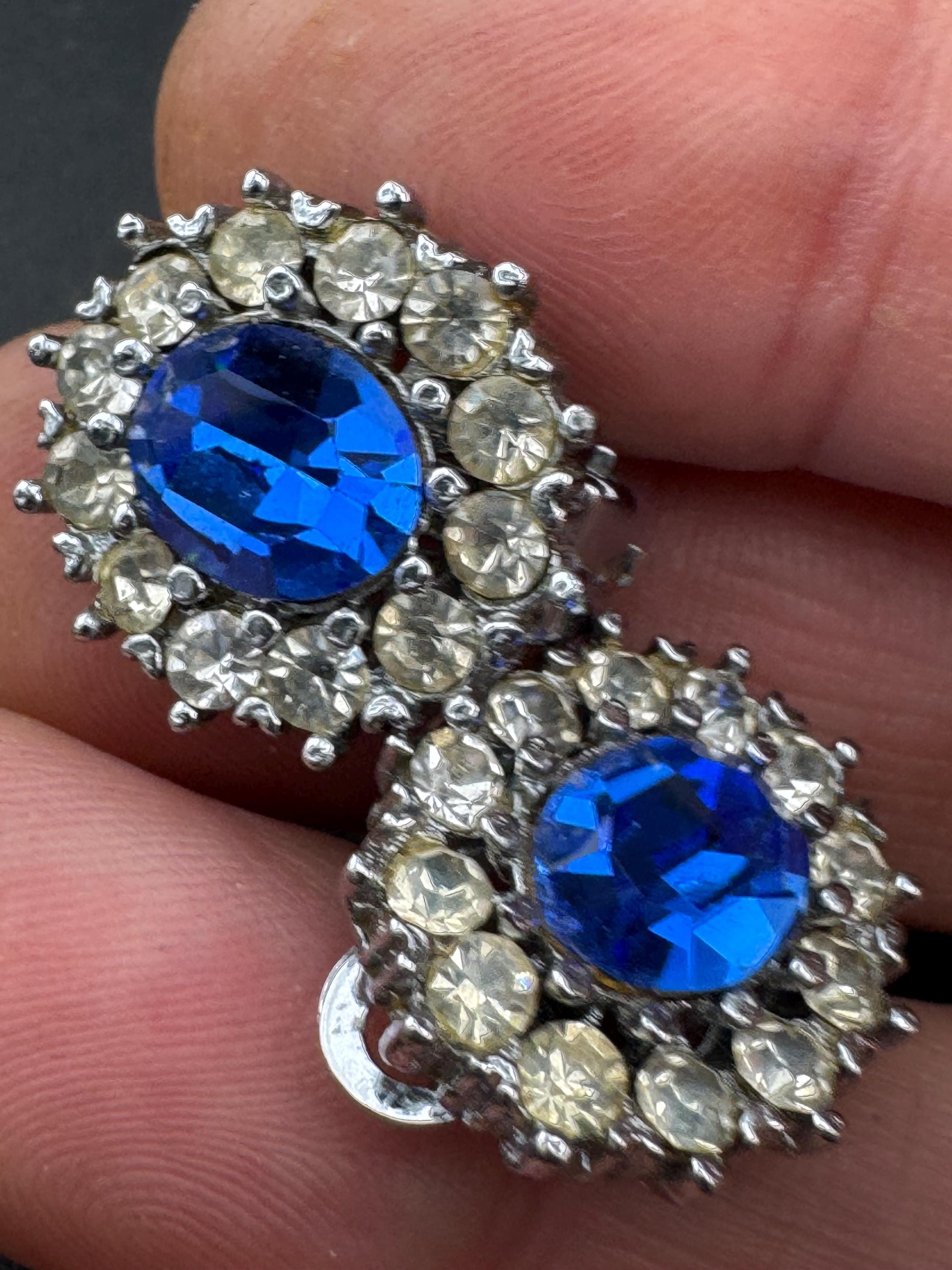 Vintage blue sapphire and clear glass diamanté clip on earrings, silver tone